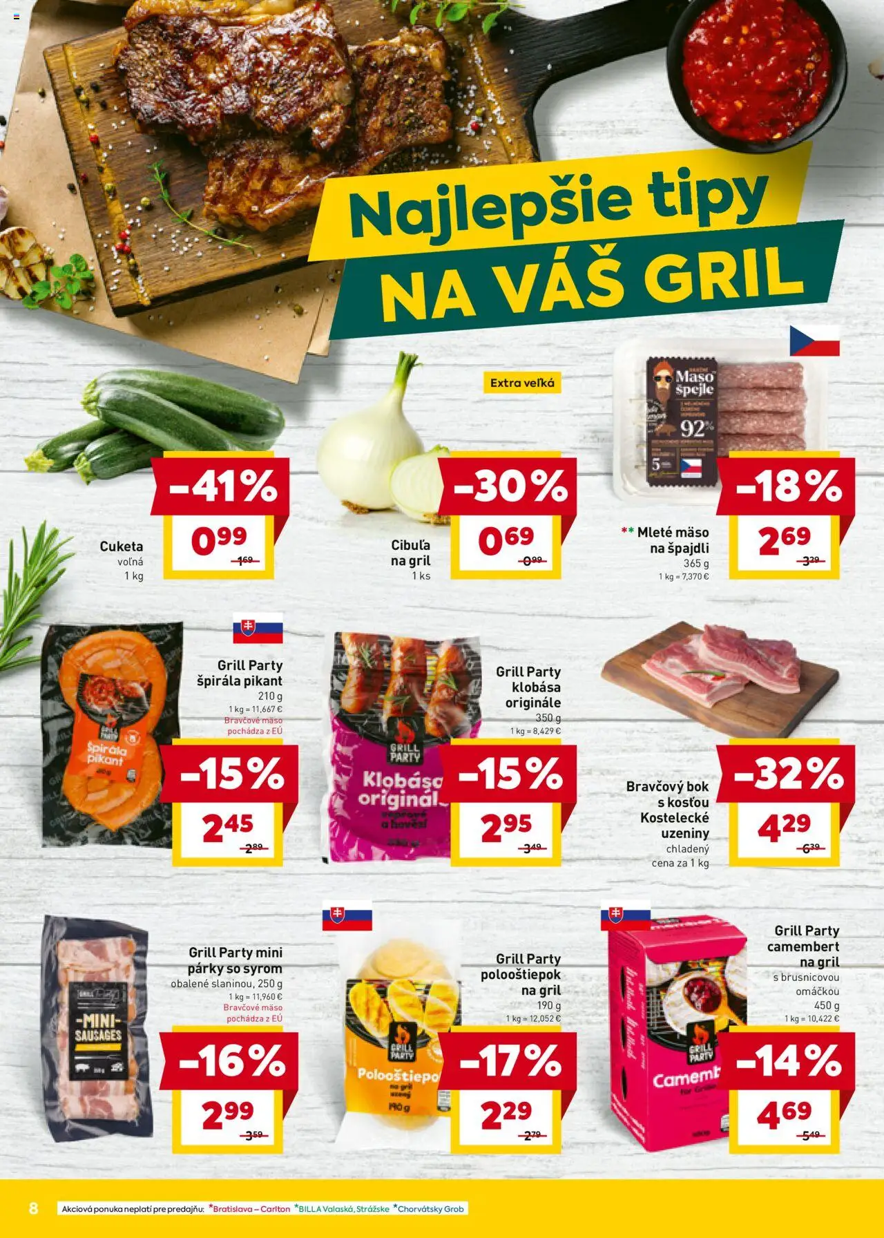 Billa leták │ platný od 23.07.2025 | Strana: 8 | Produkty: Gril, Klobása, Bravčové mäso, Cuketa