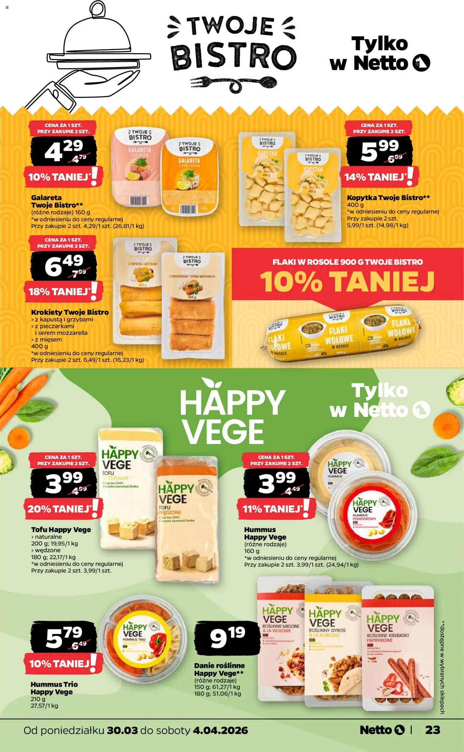 Netto gazetka od poniedziałku spożywcza od 30.03.2026 | Strona: 23 | Produkty: Krokiety, Kiełbaski, Flaki, Hummus