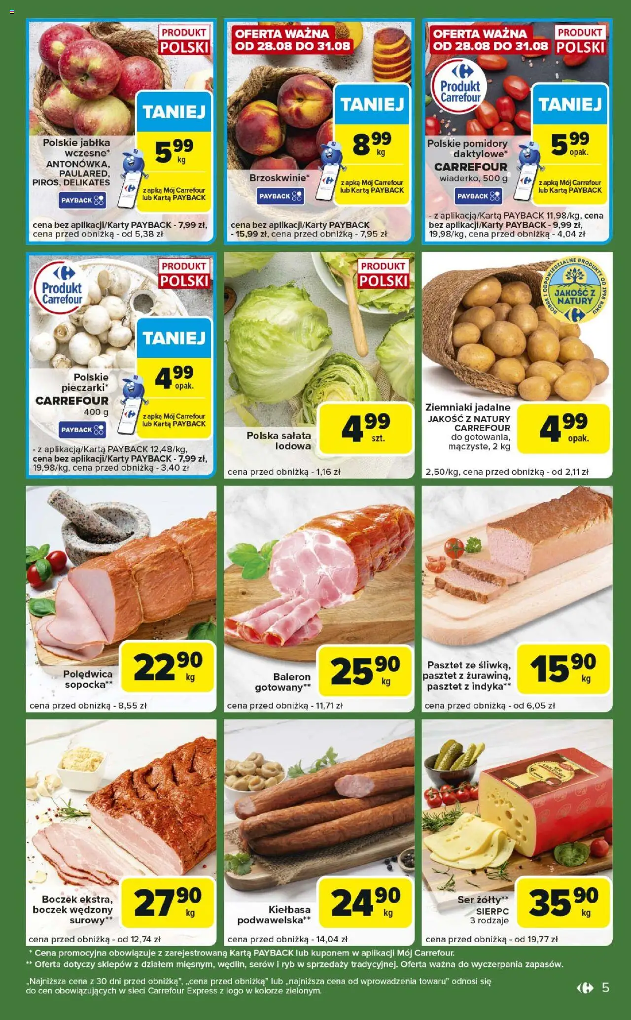 Carrefour Gazetka - Express II od 26.08.2025 | Strona: 5 | Produkty: Kiełbasa, Ser żółty, Boczek wędzony, Ziemniaki