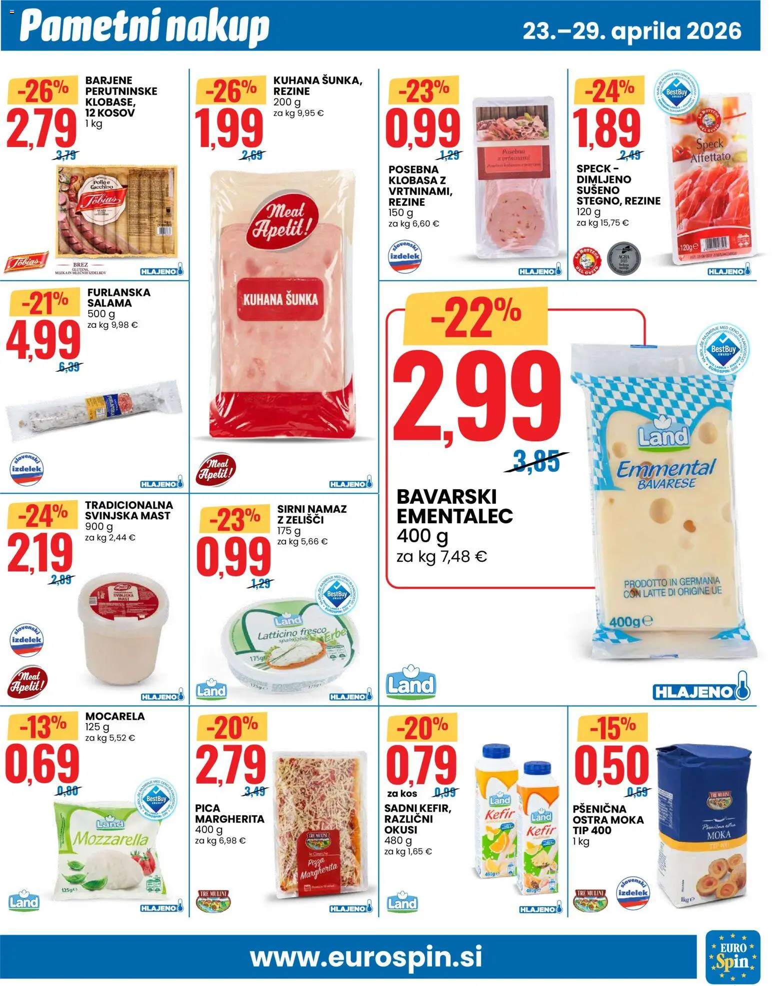 Novi Eurospin katalog ponudbe – veljaven od 23.04.2026 | Stran: 11 | Izdelki: Sirni namaz, Mocarela, Sunka, Pica
