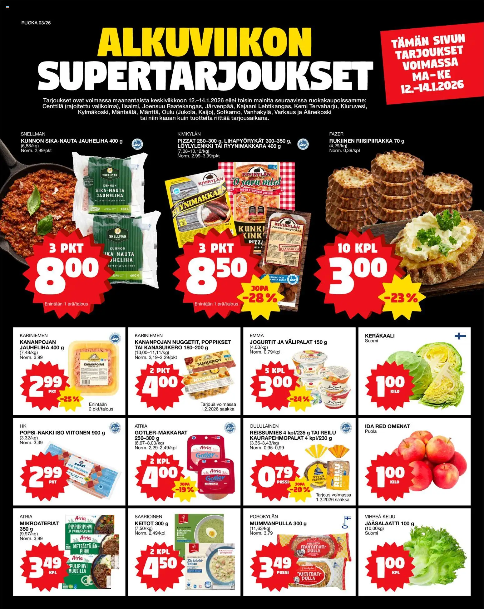 Tokmanni Ruokatarjoukset – voimassa 12.01.2026 alkaen | Sivu: 1 | Tuotteet: Jauheliha, Pizza, Pihvi, Omenat