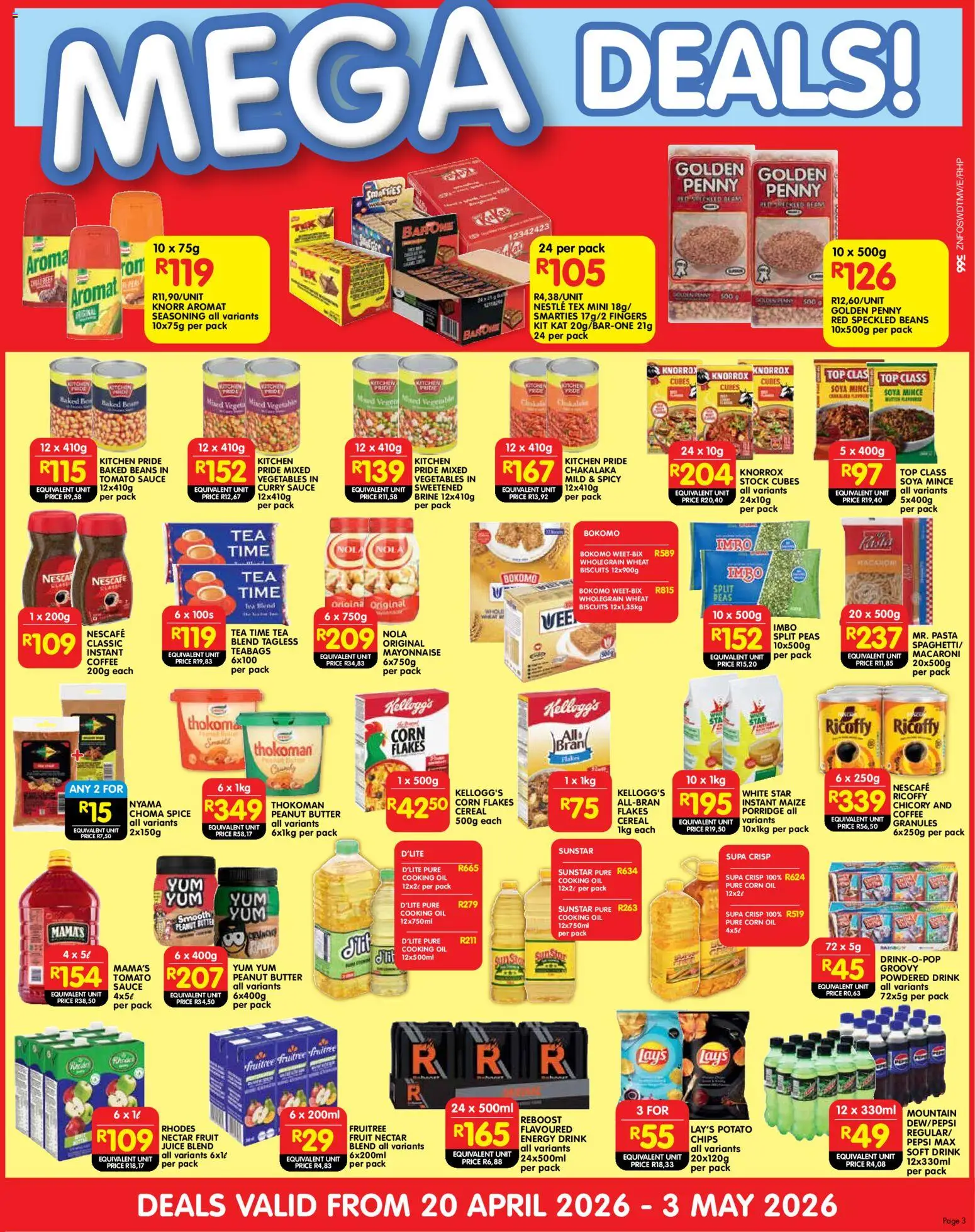 New Shoprite catalogue – valid from 20.04.2026 | Page: 3 | Products: Corn, Baked beans, Aromat, Estuche organizador de viaje