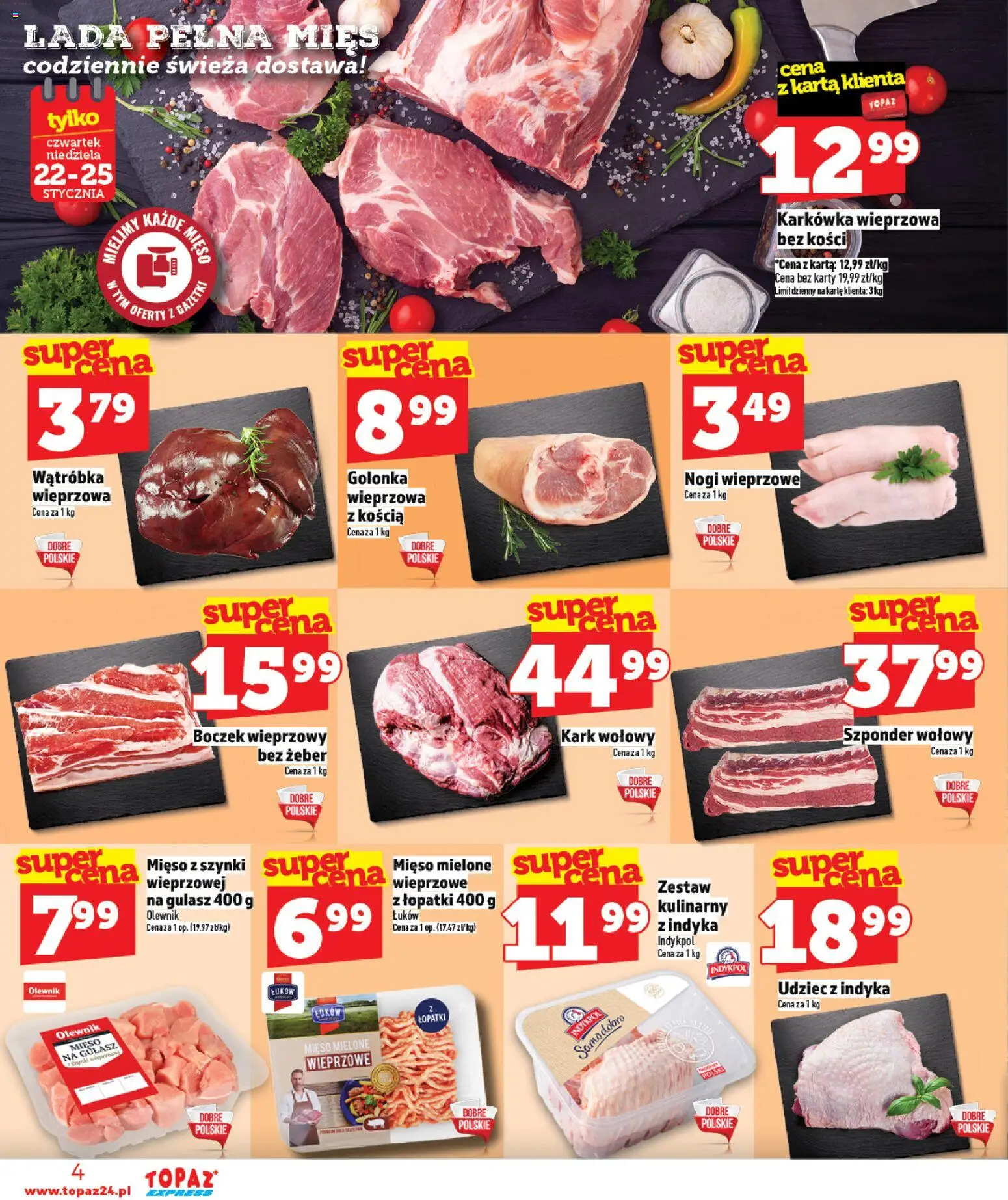 Topaz Gazetka - Express od 22.01.2026 | Strona: 4 | Produkty: Karkówka, Karkówka wieprzowa, Mięso, Mięso mielone