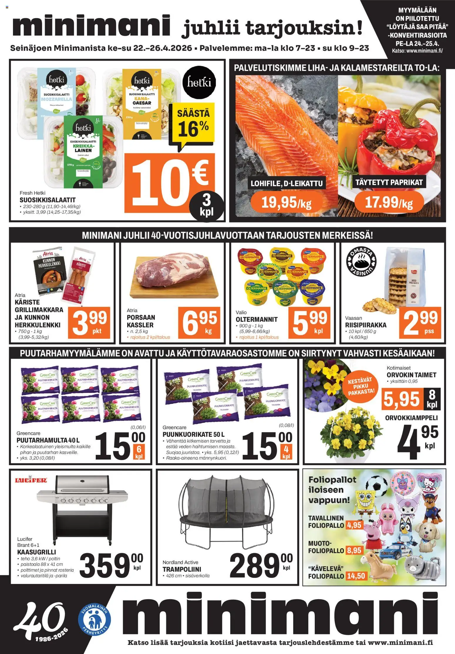 Minimani Tarjoukset - Seinäjoki – voimassa 22.04.2026 alkaen | Sivu: 1 | Tuotteet: Kaasugrilli, Kana, Grillimakkara, Trampoliini