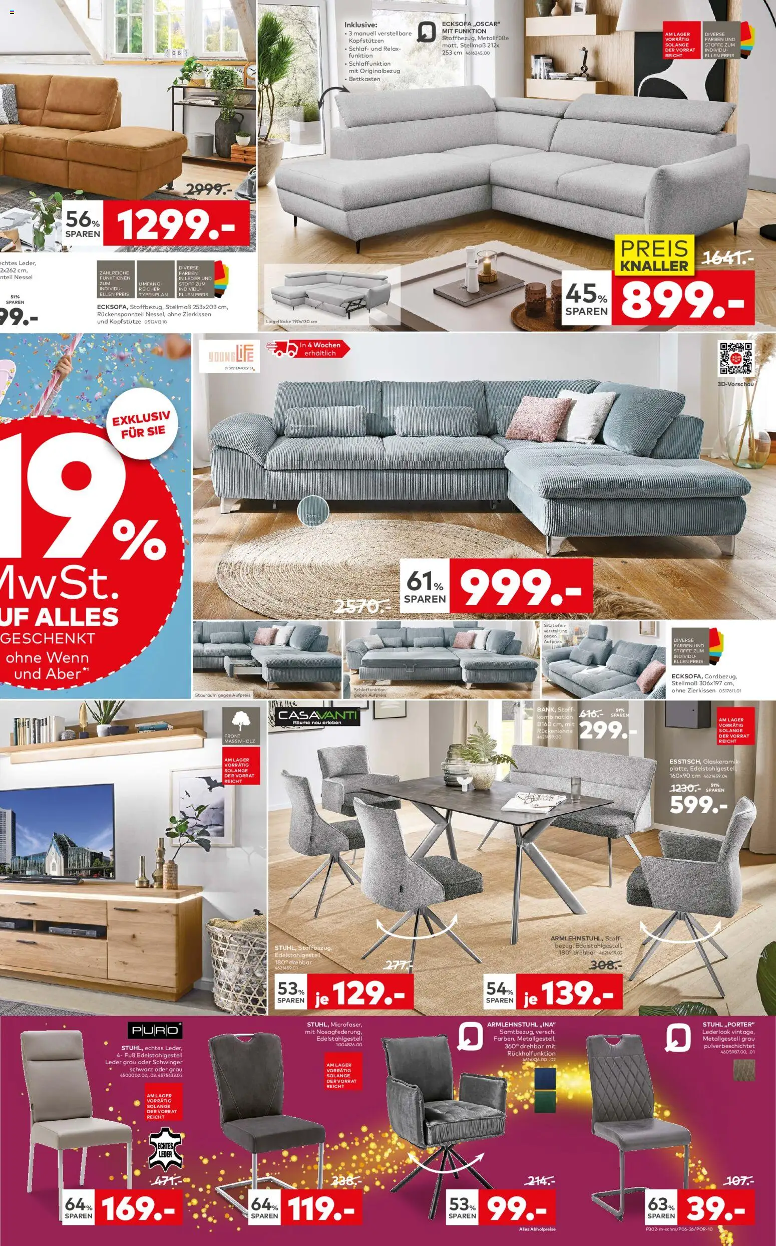 Porta! Rabattmagie im FEEbruar mit 19% MwSt. auf alles - Essen – gültig ab 01.02.2026 | Seite: 3 | Produkte: Ecksofa, Stuhl