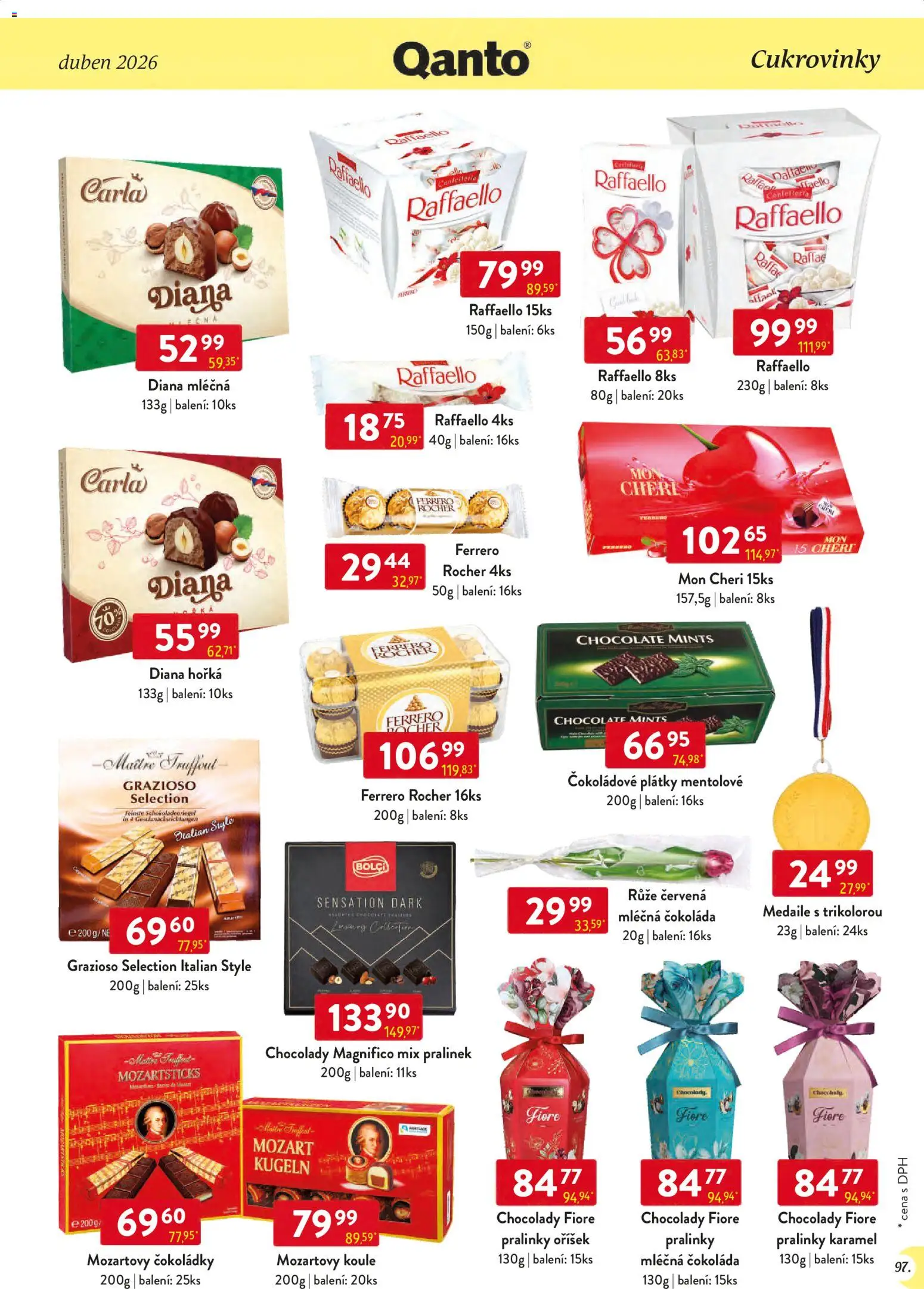 Astur & Qanto leták - Velkoobchod 04/2026 od 01.04.2026 | Strana: 97 | Produkty: Ferrero Rocher, Mon Chéri, Čokoláda, Mozartovy koule