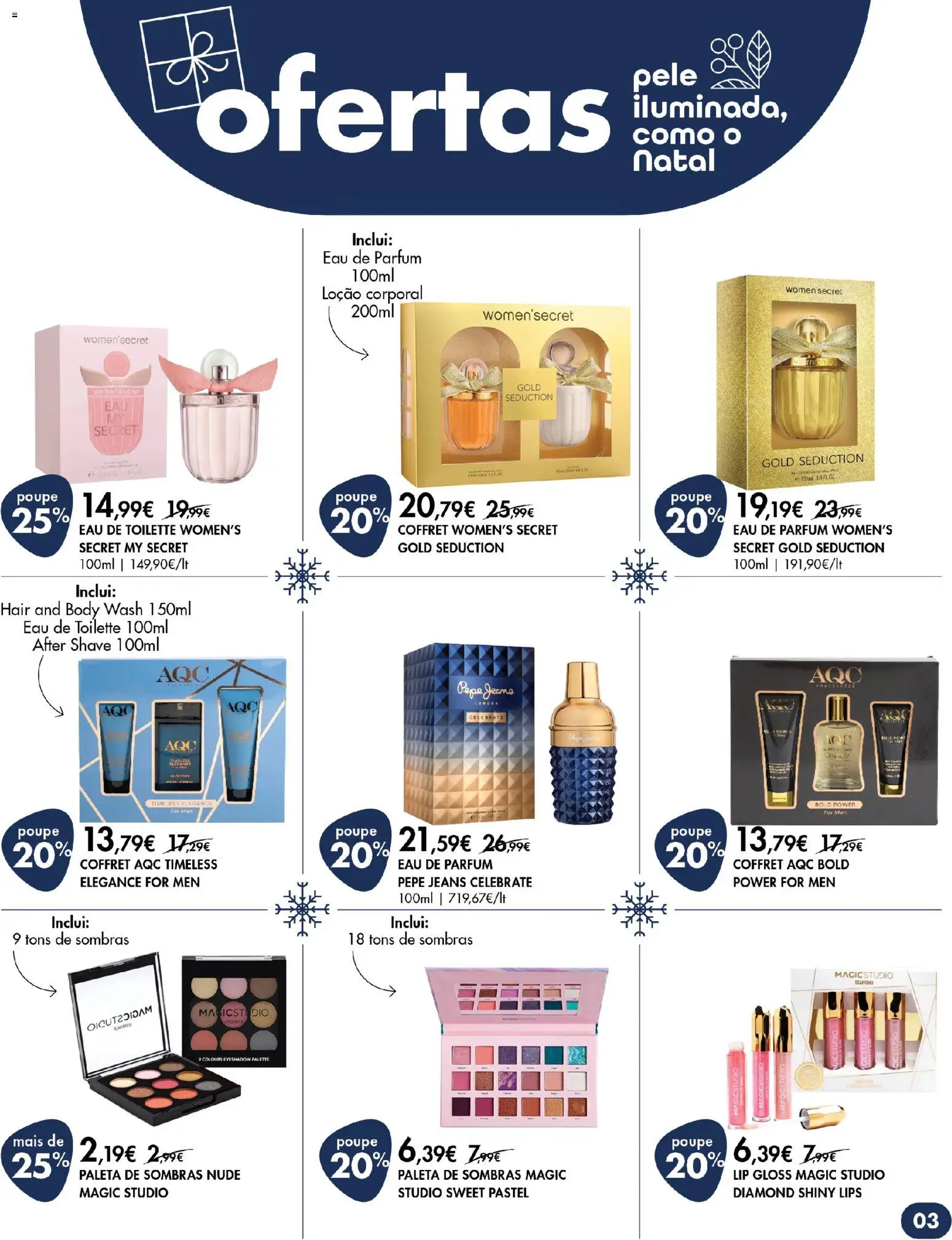 Pingo Doce Bem Estar Natal Lojas Açores │ válido de 20.11.2025 | Página: 3 | Produtos: Gloss, Jeans, Eau de toilette, Sombras