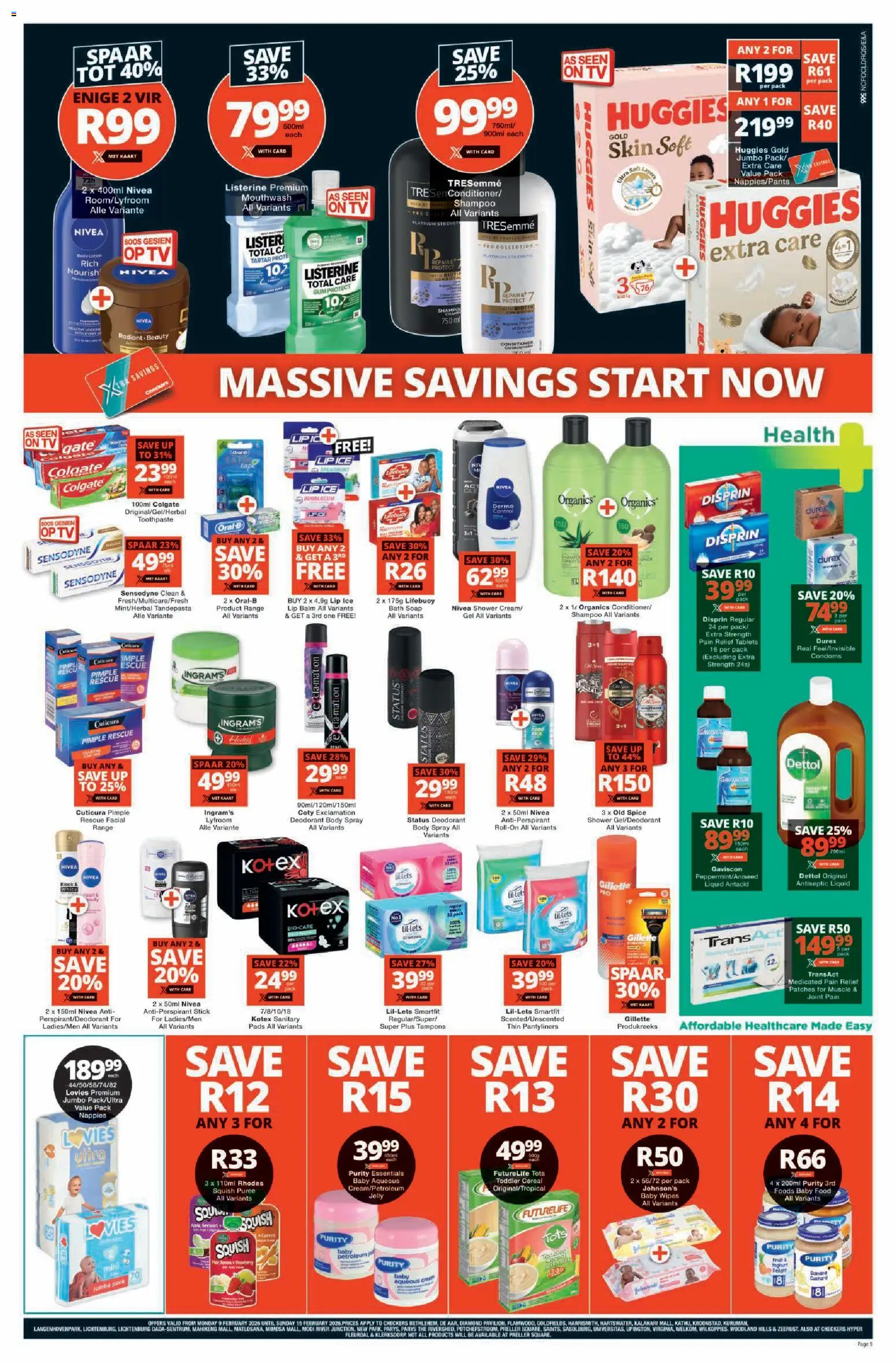 New Checkers catalogue – valid from 09.02.2026 | Page: 9 | Products: Antiseptic liquid, Body spray, Deodorant, Lotion