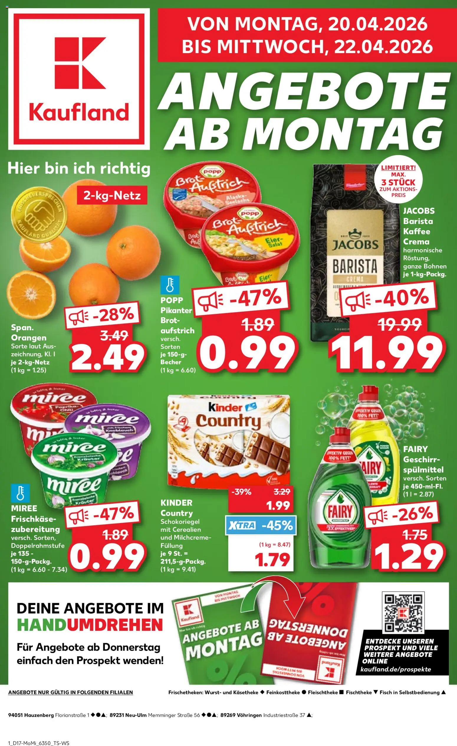 Kaufland Německo leták - Angebote ab Montag od 20.04.2026 | Strana: 1 | Produkty: Jacobs, Crema, Kinder