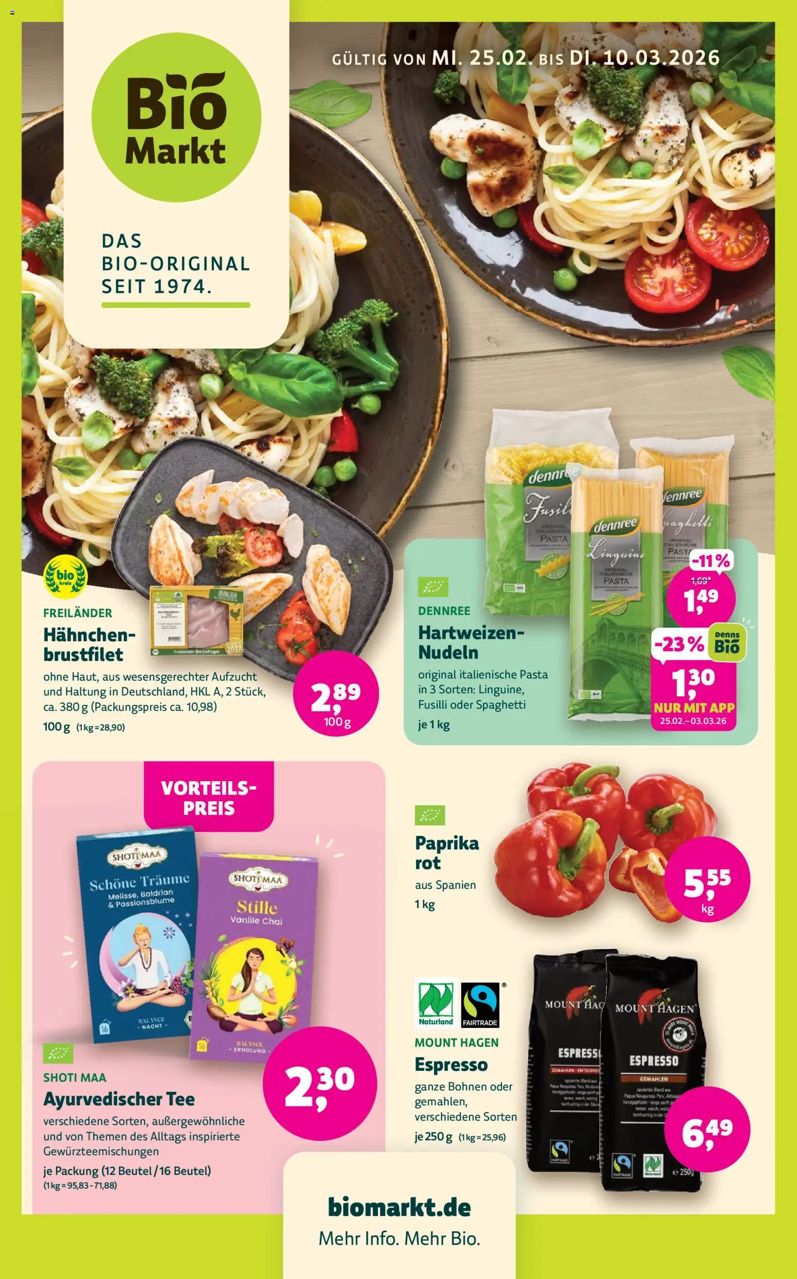 BioMarkt Prospekt – gültig ab 25.02.2026 | Seite: 1 | Produkte: Hahnchen, Paprika, Tee, Nudeln