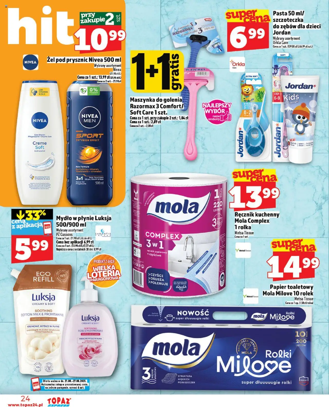 Topaz Gazetka - Express od 21.08.2025 | Strona: 24 | Produkty: Kremowe mydło w płynie, Mleka, Maszynka do golenia, Mydło