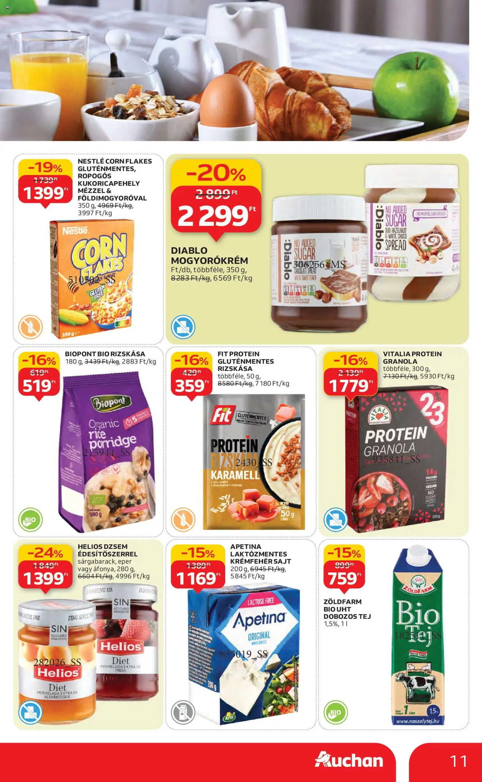 Auchan akciós ujság - amely érvényes a következő dátumtól: 22.01.2026 | Oldal: 11 | Termékek: Granola, Tej, Sajt, Gluténmentes