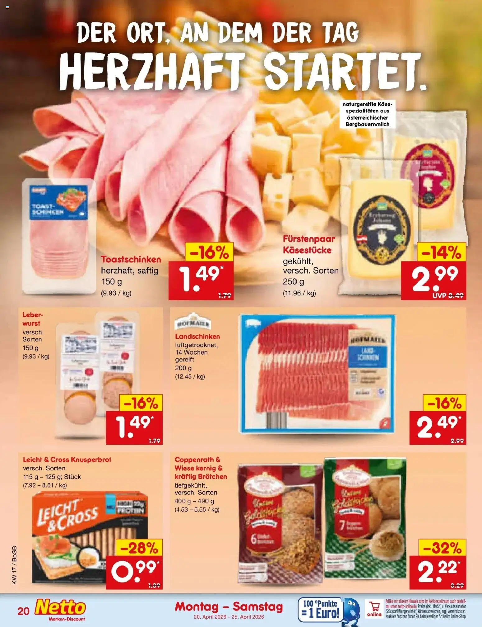 Netto Marken-Discount Prospekt Stadtlohn	 – gültig ab 20.04.2026 | Seite: 22 | Produkte: Käse, Toastschinken, Wurst