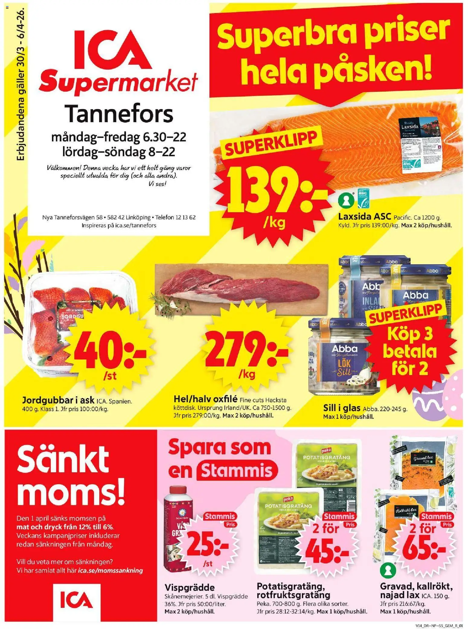 ICA Supermarket reklamblad aktuell från 30.03.2026 | Sida: 1 | Produkter: Sill, Lax, Telefon, Vispgrädde