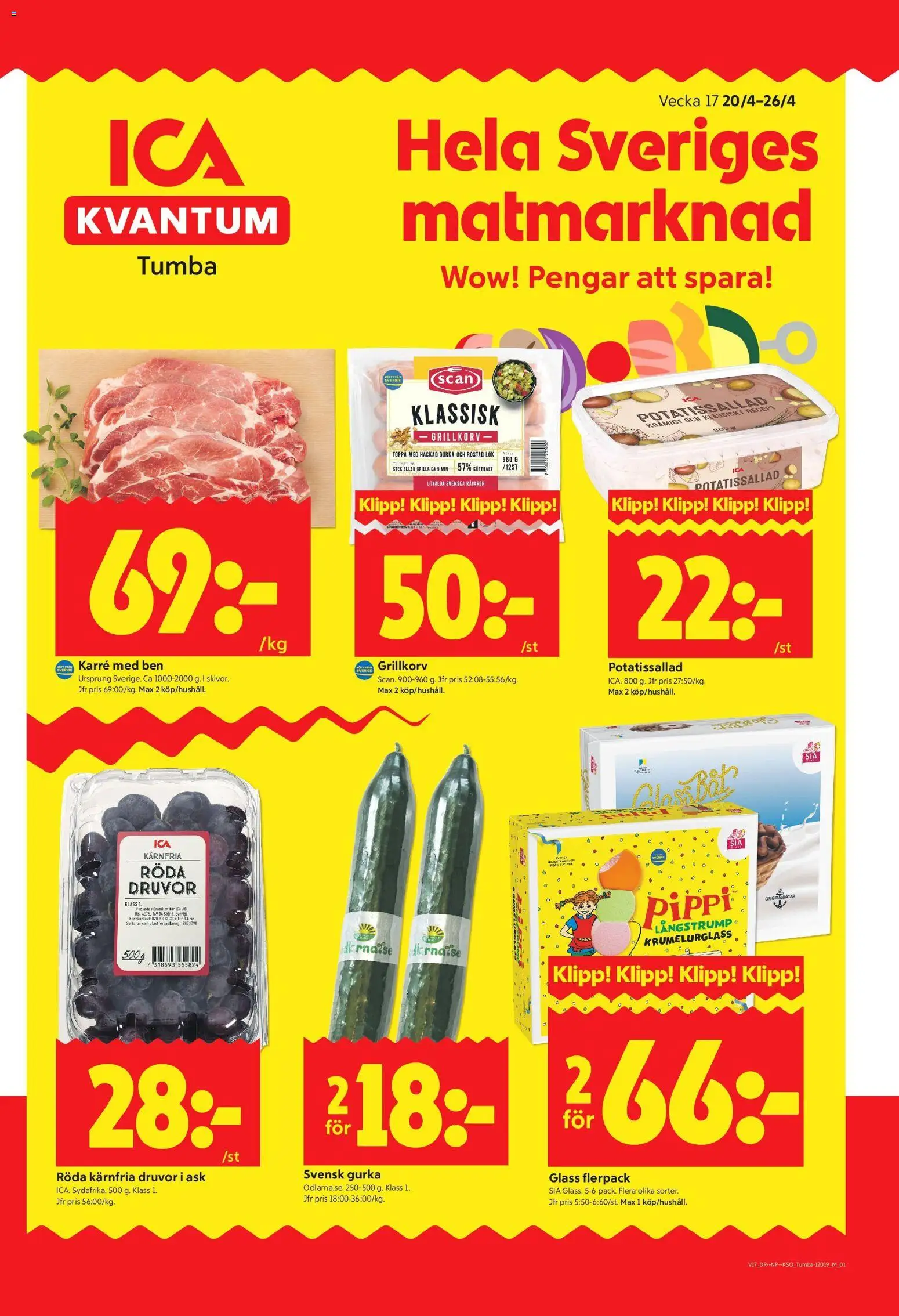 ICA Kvantum reklamblad aktuell från 20.04.2026 | Sida: 1 | Produkter: Potatissallad, Grillkorv, Glass, Gurka
