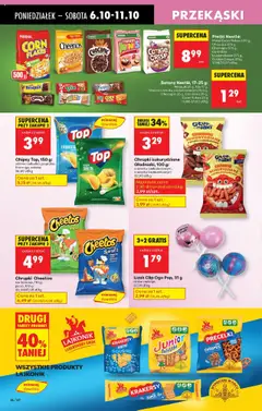 Pogląd oferty "Chipsy Top, 150 g, zielona cebulka, papryka, fromage, solone" - ważna od 06.10.2025 | Strona: 58 | Produkty: Top, Krakersy, Pizza, Płatki