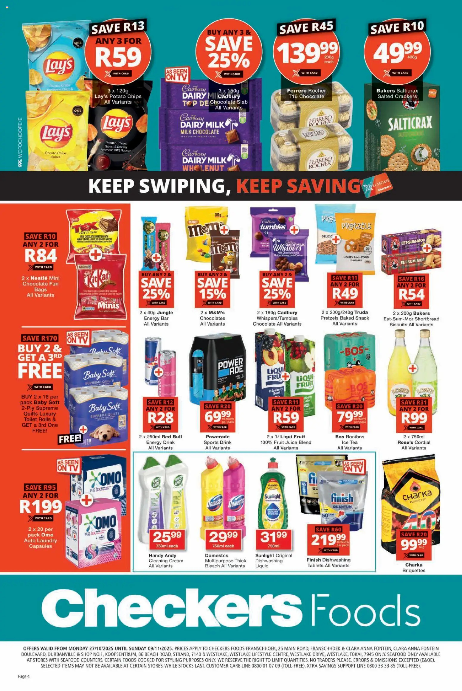 New Checkers catalogue – valid from 27.10.2025 | Page: 4 | Products: Toilet, Milk, Biscuits, Chips