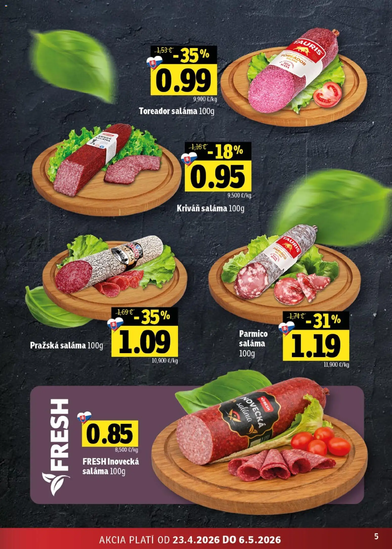 Nové Fresh akcie – leták je platný od 23.04.2026 | Strana: 5 | Produkty: Saláma