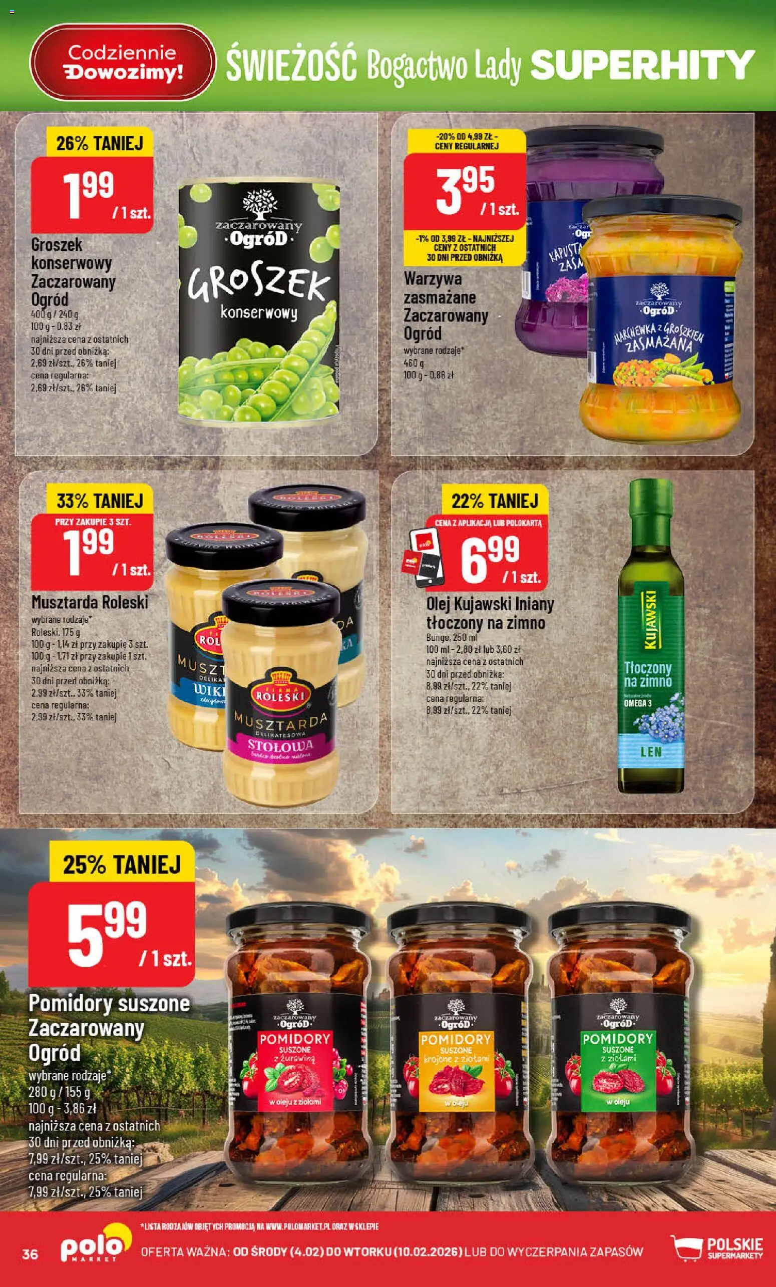 POLOmarket Gazetka od 04.02.2026 | Strona: 36 | Produkty: Groszek, Pomidory suszone, Żurawina, Olej kujawski