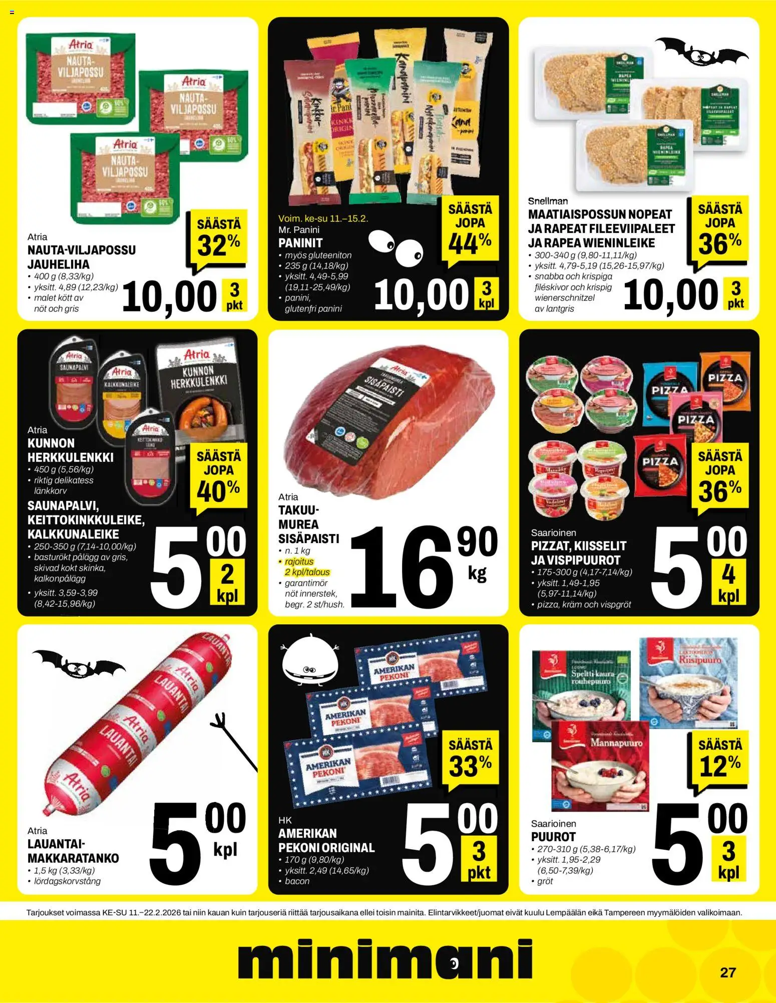 Minimani tarjoukset – voimassa 11.02.2026 alkaen | Sivu: 27 | Tuotteet: Jauheliha, Kaura, Pekoni, Pizza