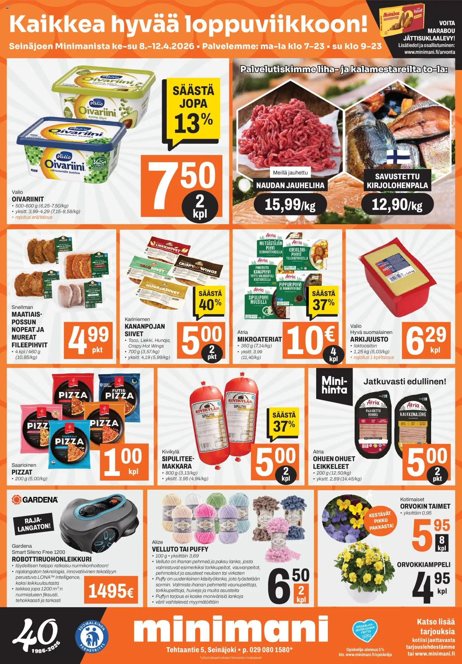 Minimani Tarjoukset - Seinäjoki – voimassa 08.04.2026 alkaen | Sivu: 1 | Tuotteet: Robottiruohonleikkuri, Pehmolelut, Kinkku, Pihvi