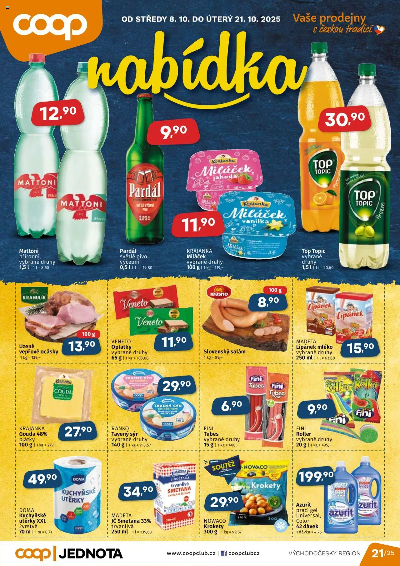 Coop leták - Východočeský region od 08.10.2025 | Strana: 1 | Produkty: Prací gel, Pardál, Salám, Pivo