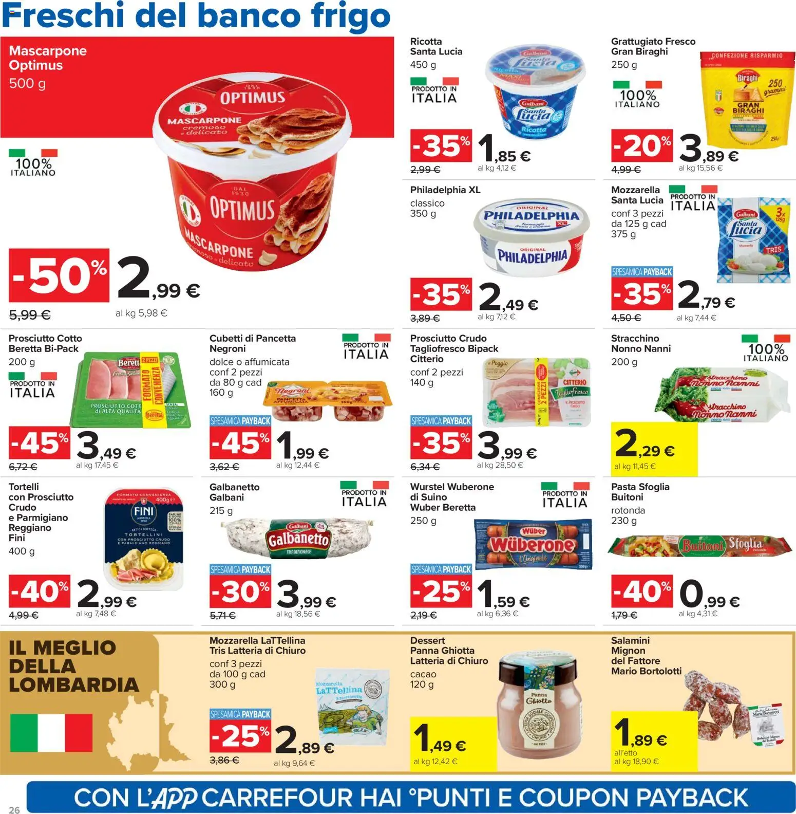 Volantino Carrefour del 24.03.2026 | Pagina: 26 | Prodotti: Mozzarella, Prosciutto, Ricotta, Tortelli