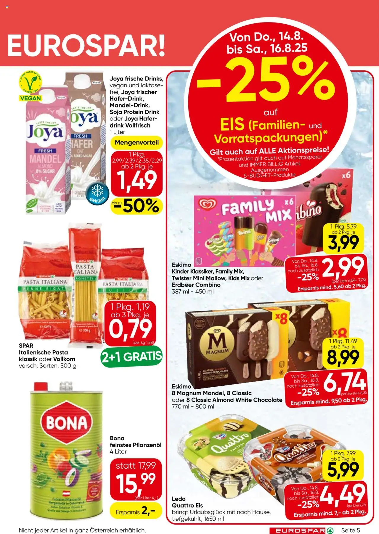 Eurospar Flugblatt gültig ab 14.08.2025 | Seite: 5 | Produkte: Pasta, Eis