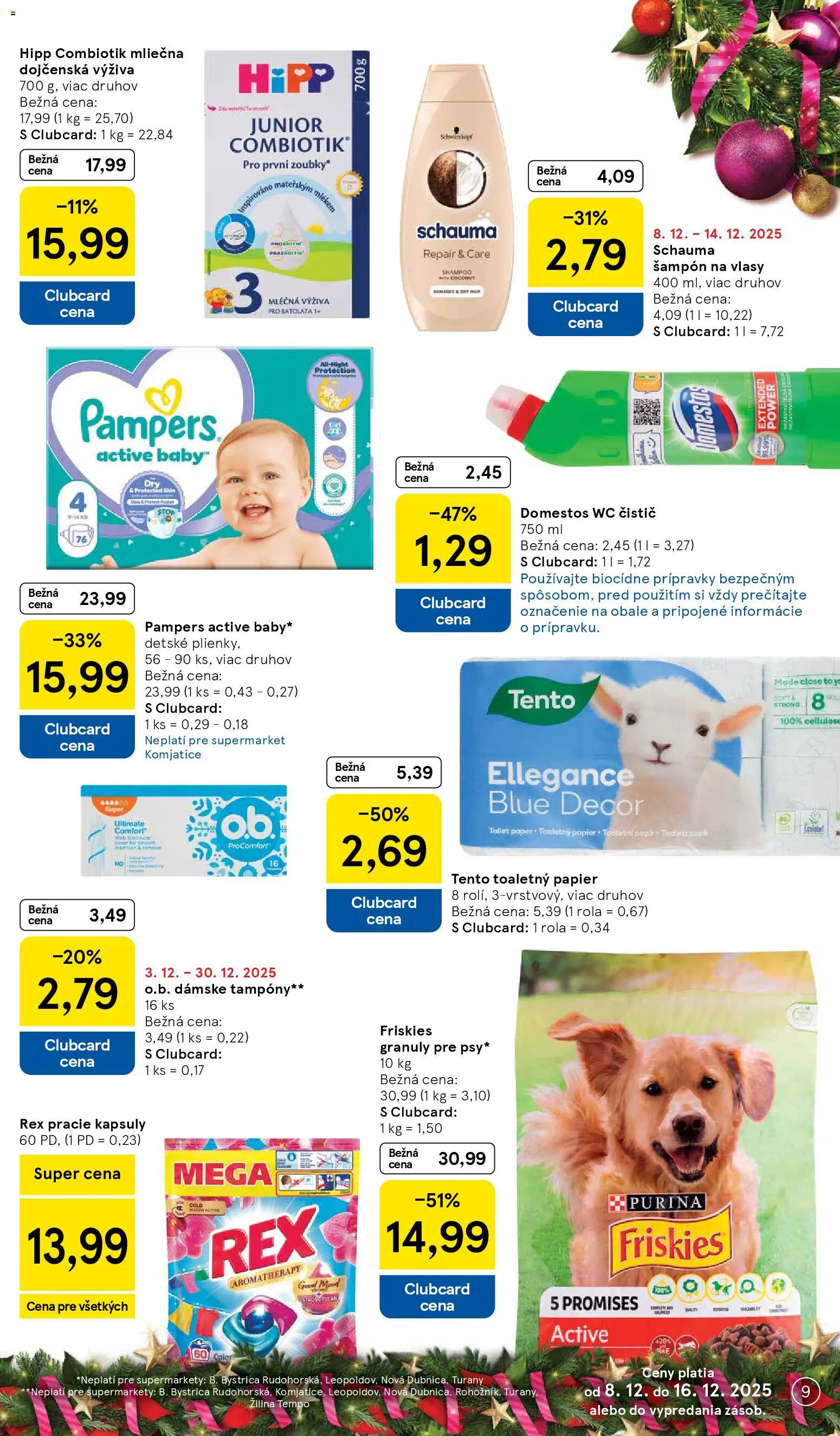 Nové Tesco akcie – leták je platný od 08.12.2025 | Strana: 9 | Produkty: Friskies, Wc, Toaletný papier, Pampers