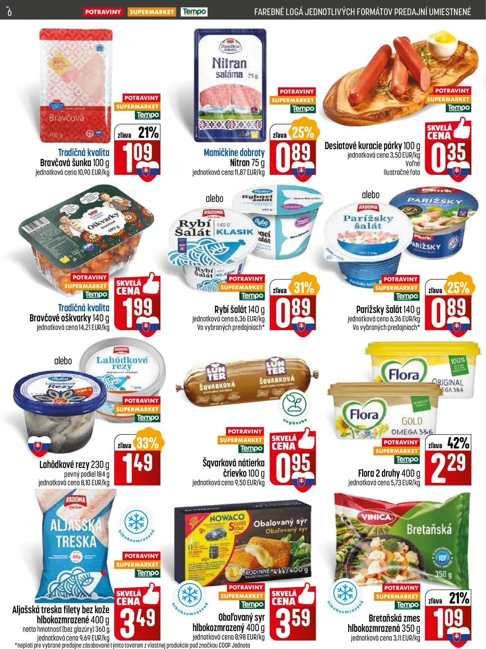 Nové COOP Jednota akcie – leták je platný od 15.01.2026 | Strana: 6 | Produkty: Saláma, Ryba, Párky, Flora