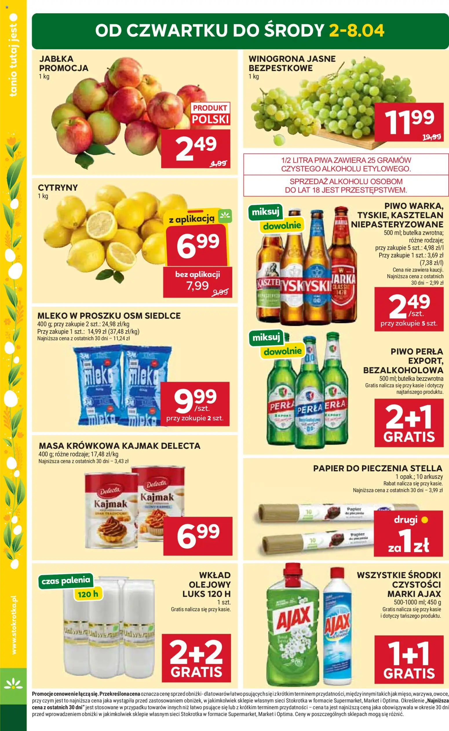 Stokrotka gazetka - Market od 02.04.2026 | Strona: 4 | Produkty: Mleko w proszku, Piwo perła, Kajmak, Owoce