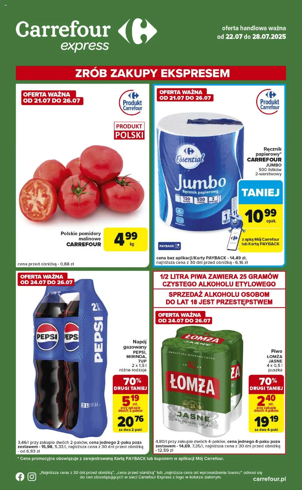 Carrefour Gazetka - Express II od 22.07.2025 | Strona: 1 | Produkty: Karta, Pomidory malinowe, Pomidory, Ręcznik papierowy