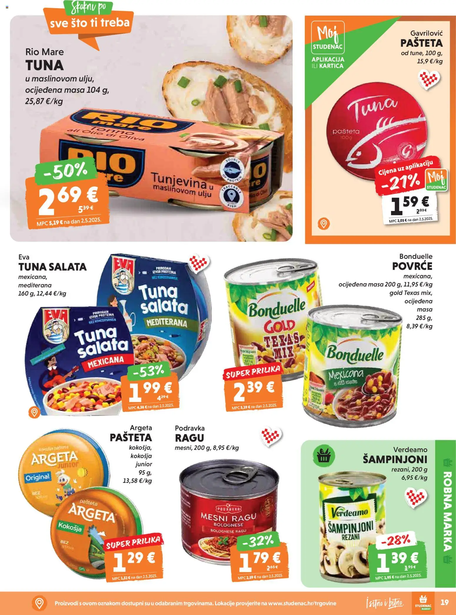 Studenac katalog | vrijedi od 15.04.2026 | Stranica: 19 | Proizvodi: Podravka, Šampinjoni, Salata, Tuna