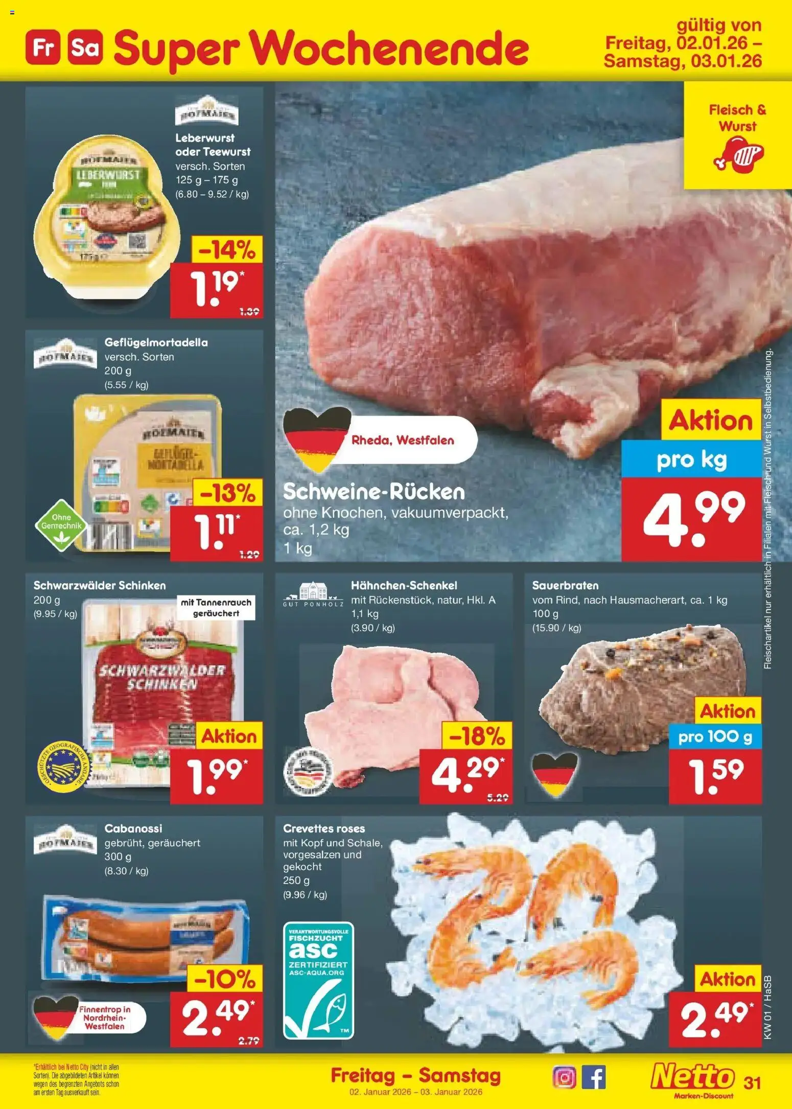 Netto Marken-Discount prospekt Wuppertal	 – gültig ab 28.12.2025 | Seite: 45 | Produkte: Hahnchenschenkel, Wurst, Schweinerucken, Fleisch