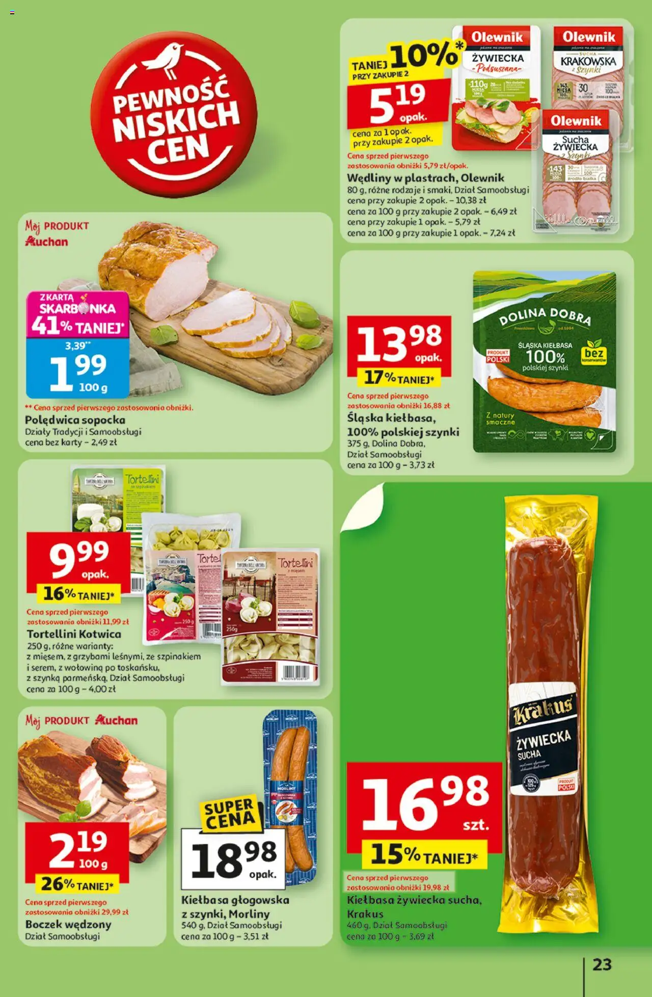 Auchan Gazetka - Pewność niskich cen Hipermarket od 07.08.2025 | Strona: 23 | Produkty: Kiełbasa, Boczek wędzony, Boczek, Wędliny