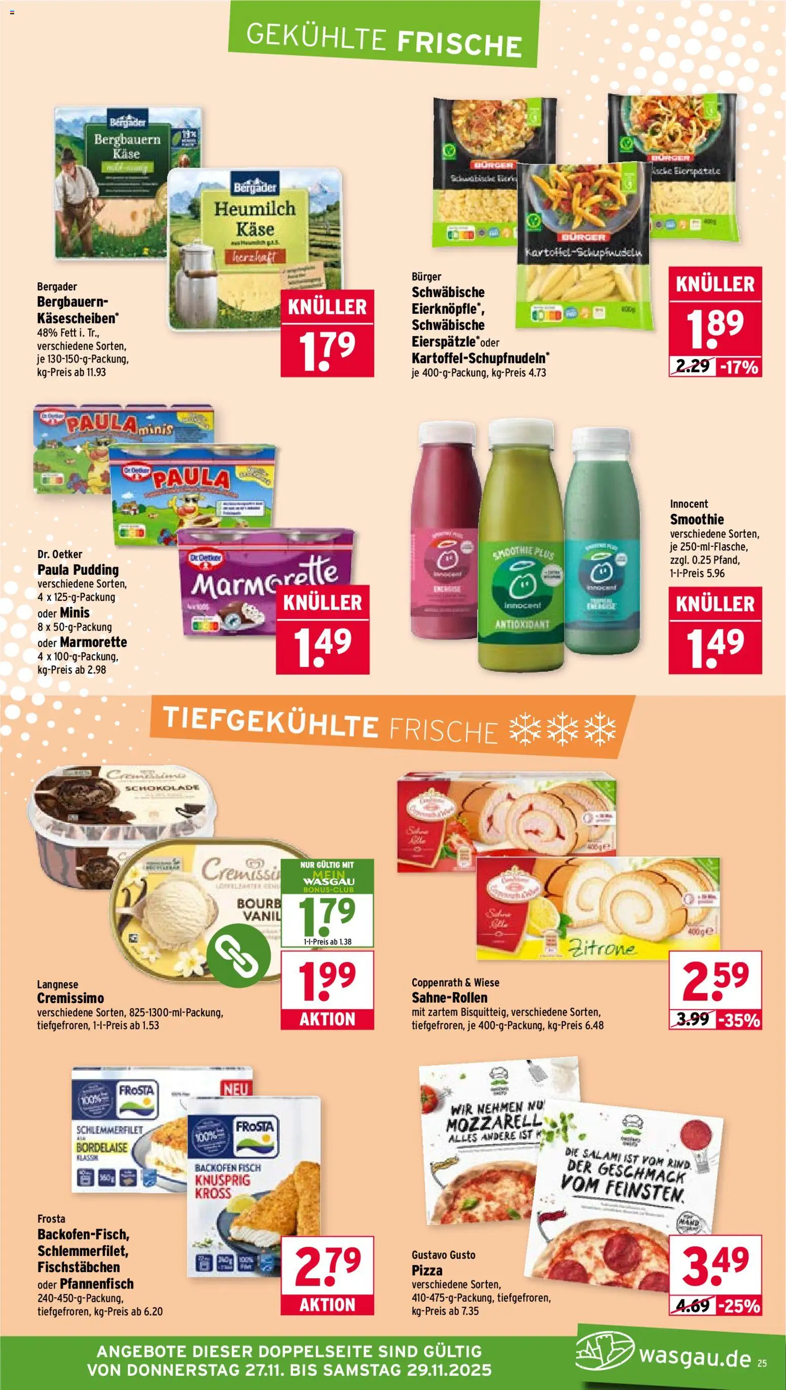 Wasgau Prospekt 	 – gültig ab 24.11.2025 | Seite: 25 | Produkte: Cremissimo, Käse, Burger, Salami