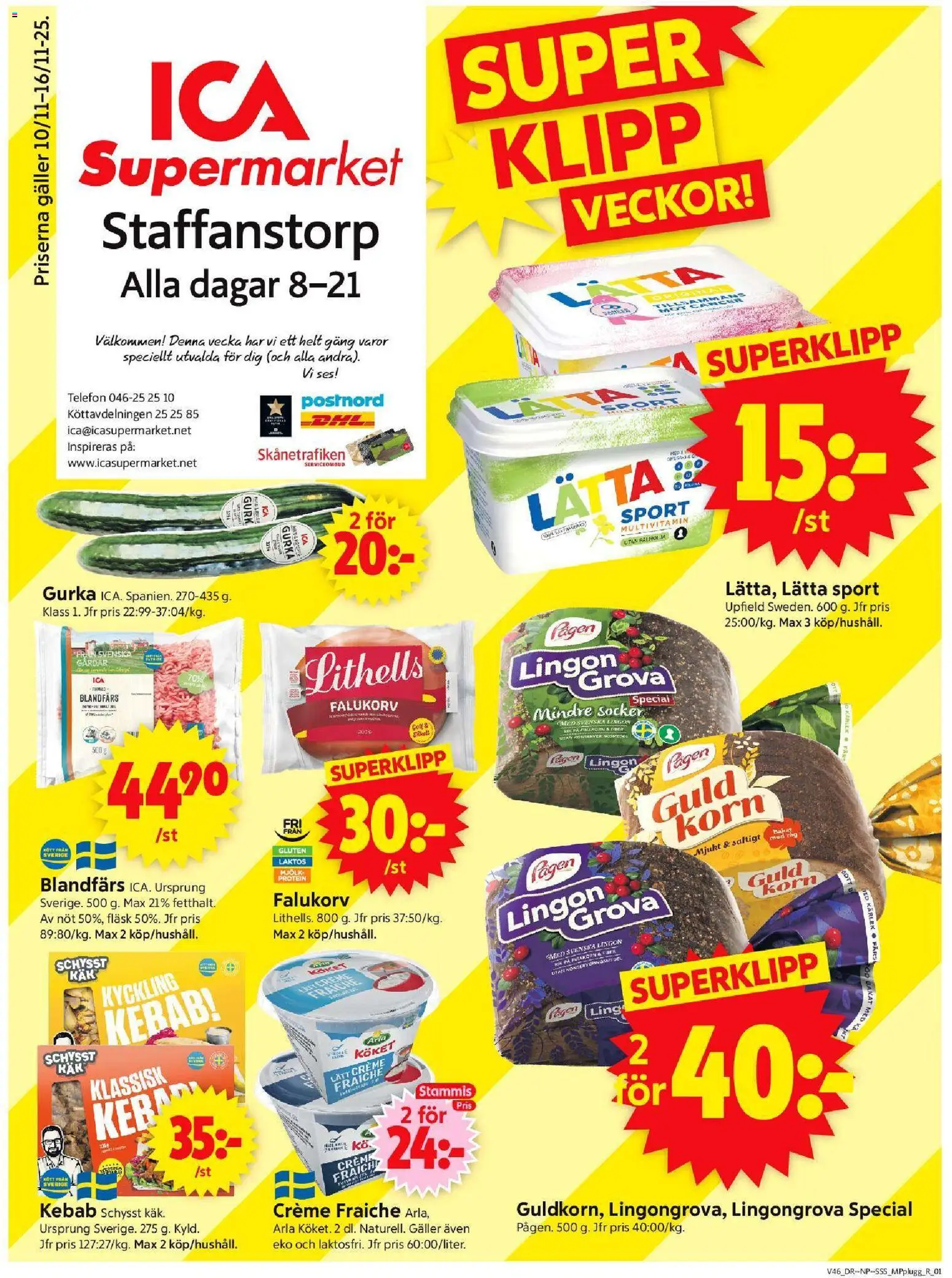 ICA Supermarket reklamblad aktuell från 10.11.2025 | Sida: 1 | Produkter: Falukorv, Creme fraiche, Fläsk, Telefon
