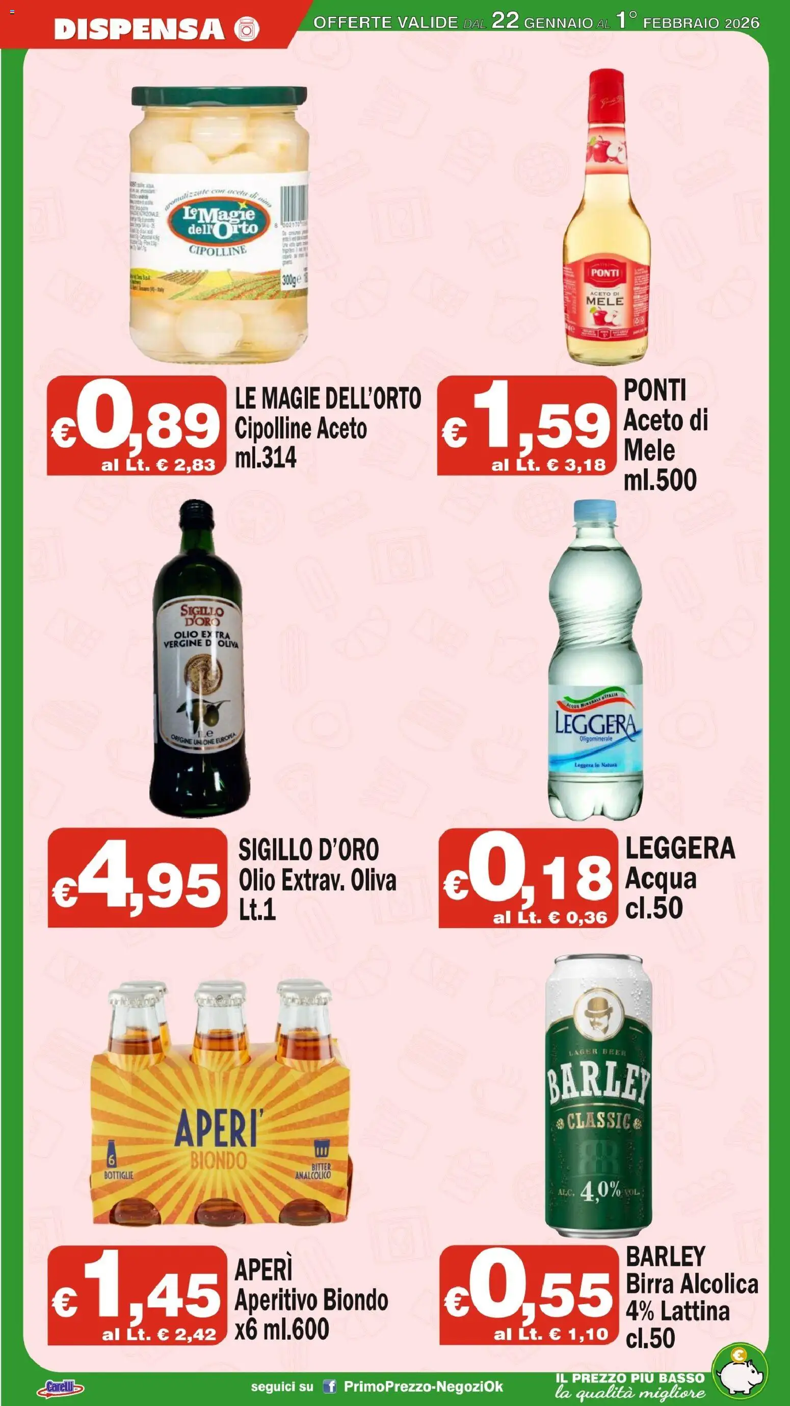 Volantino Primo Prezzo del 22.01.2026 | Pagina: 8 | Prodotti: Birra, Aceto di mele, Olio, Aperitivo