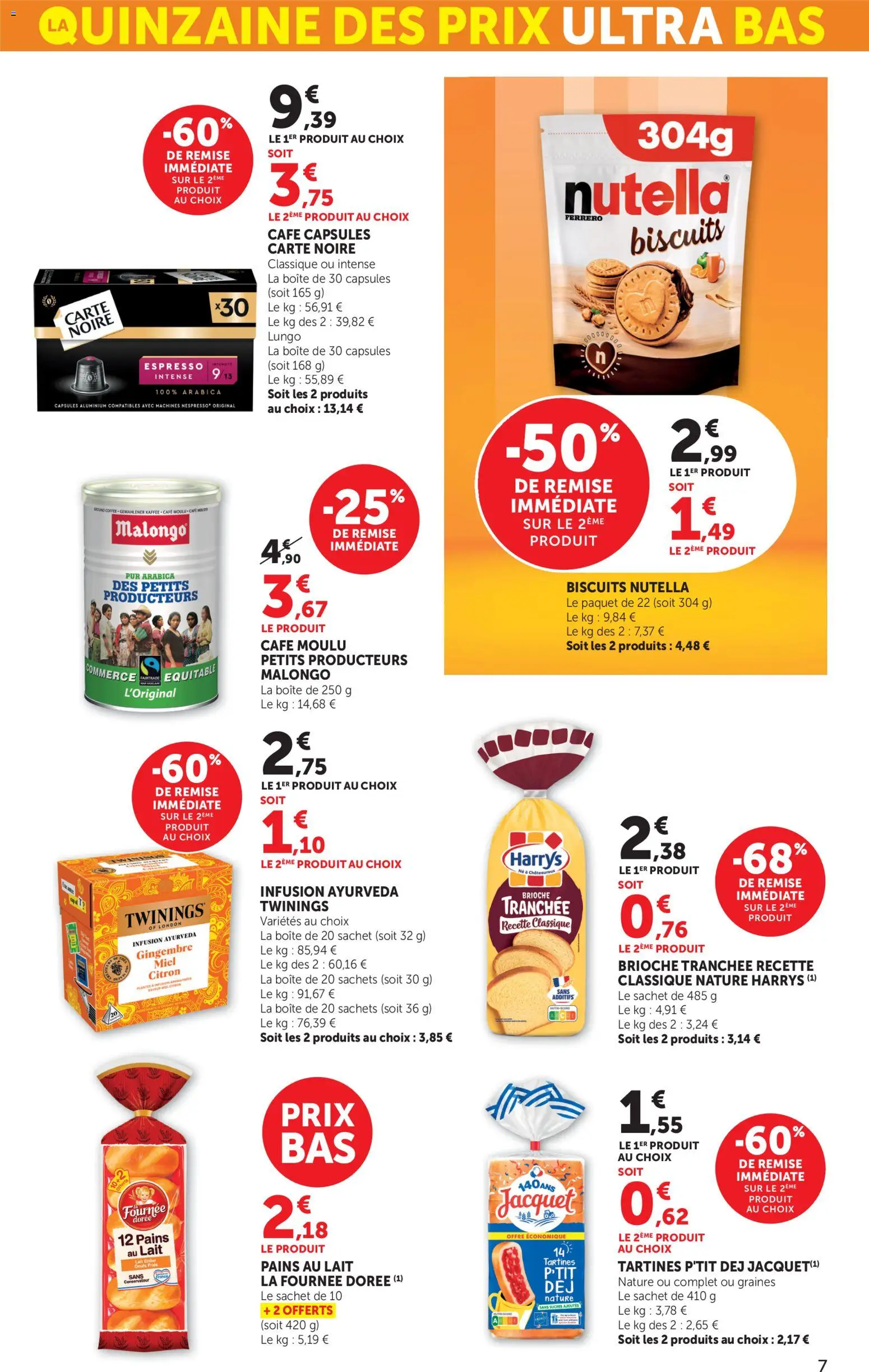 {H1} | Page: 7 | Produits: Malongo, Pains au lait, Nutella, Œufs