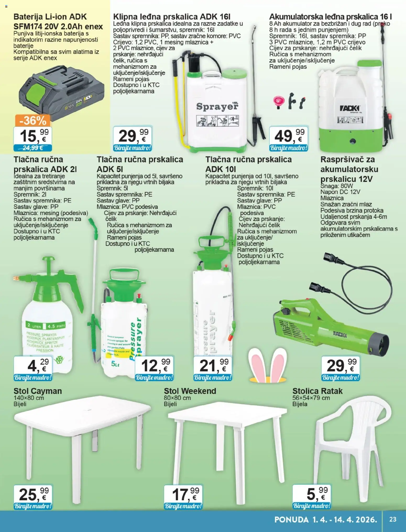 KTC katalog | vrijedi od 01.04.2026 | Stranica: 23 | Proizvodi: Stol, Stolica, Baterije, Pojas