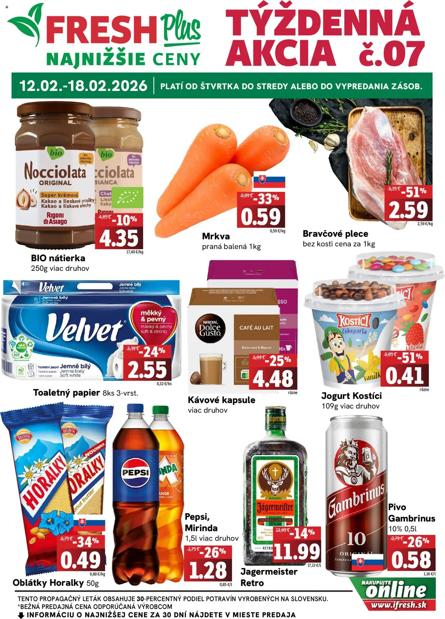 Nové Fresh akcie – leták je platný od 12.02.2026 | Strana: 1 | Produkty: Pivo, Toaletný papier, Mrkva, Kakao