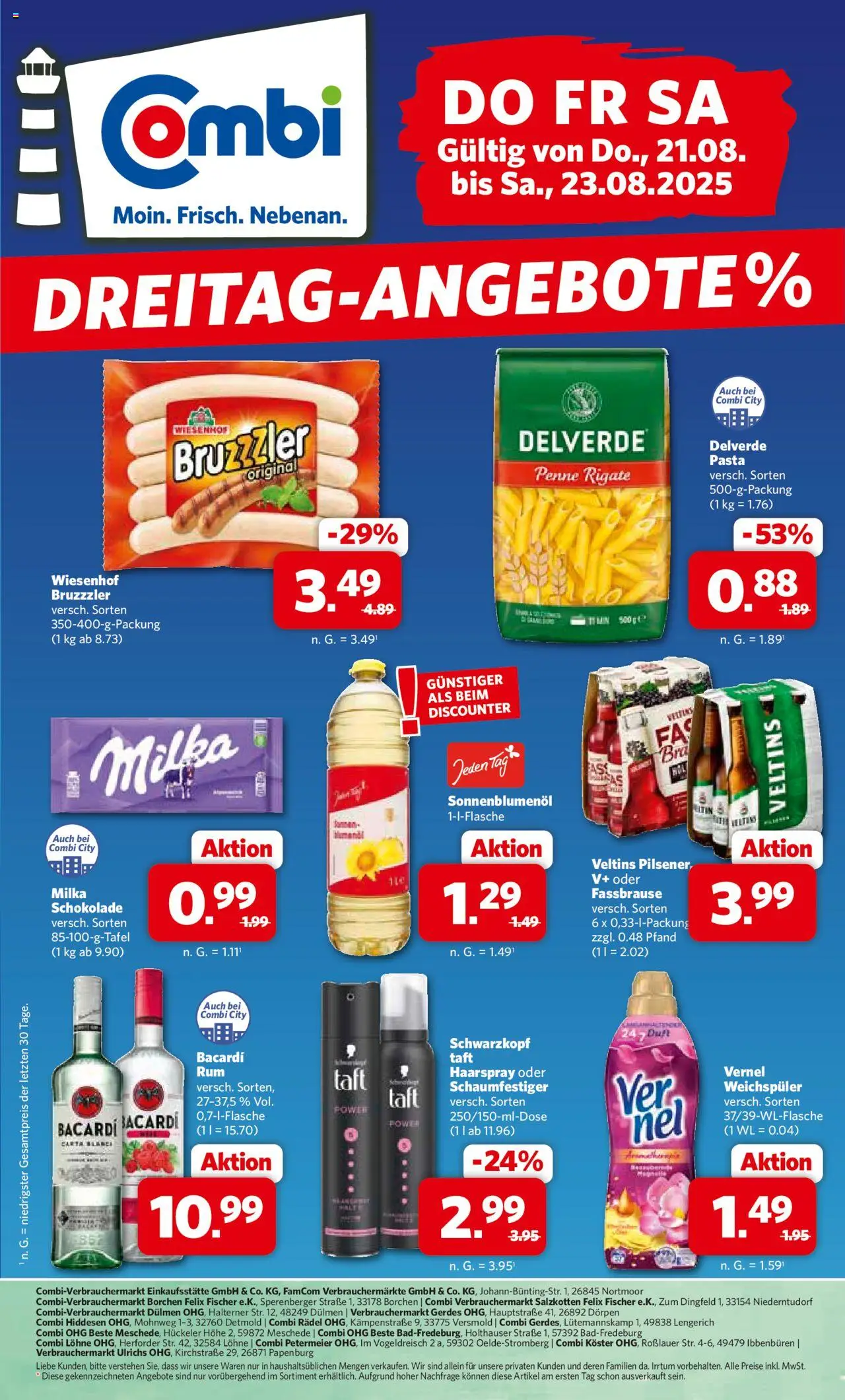 Combi Dreitag-Angebote - gültig ab dem 21.08.2025 | Seite: 1 | Produkte: Bacardi, Schokolade, Milka, Weichspüler