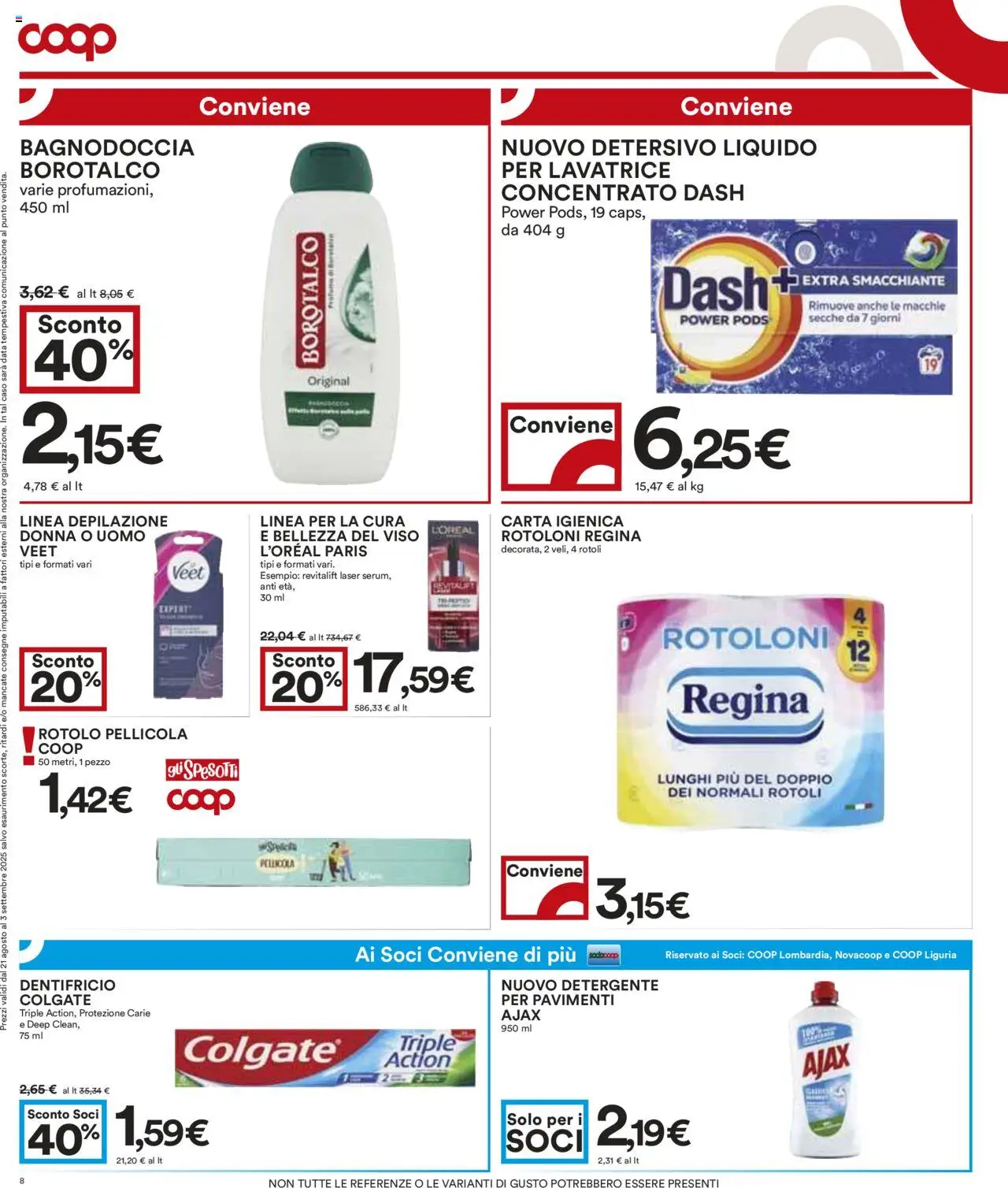 Volantino COOP del 21.08.2025 | Pagina: 8 | Prodotti: Dentifricio, Detergente, Lavatrice, Data