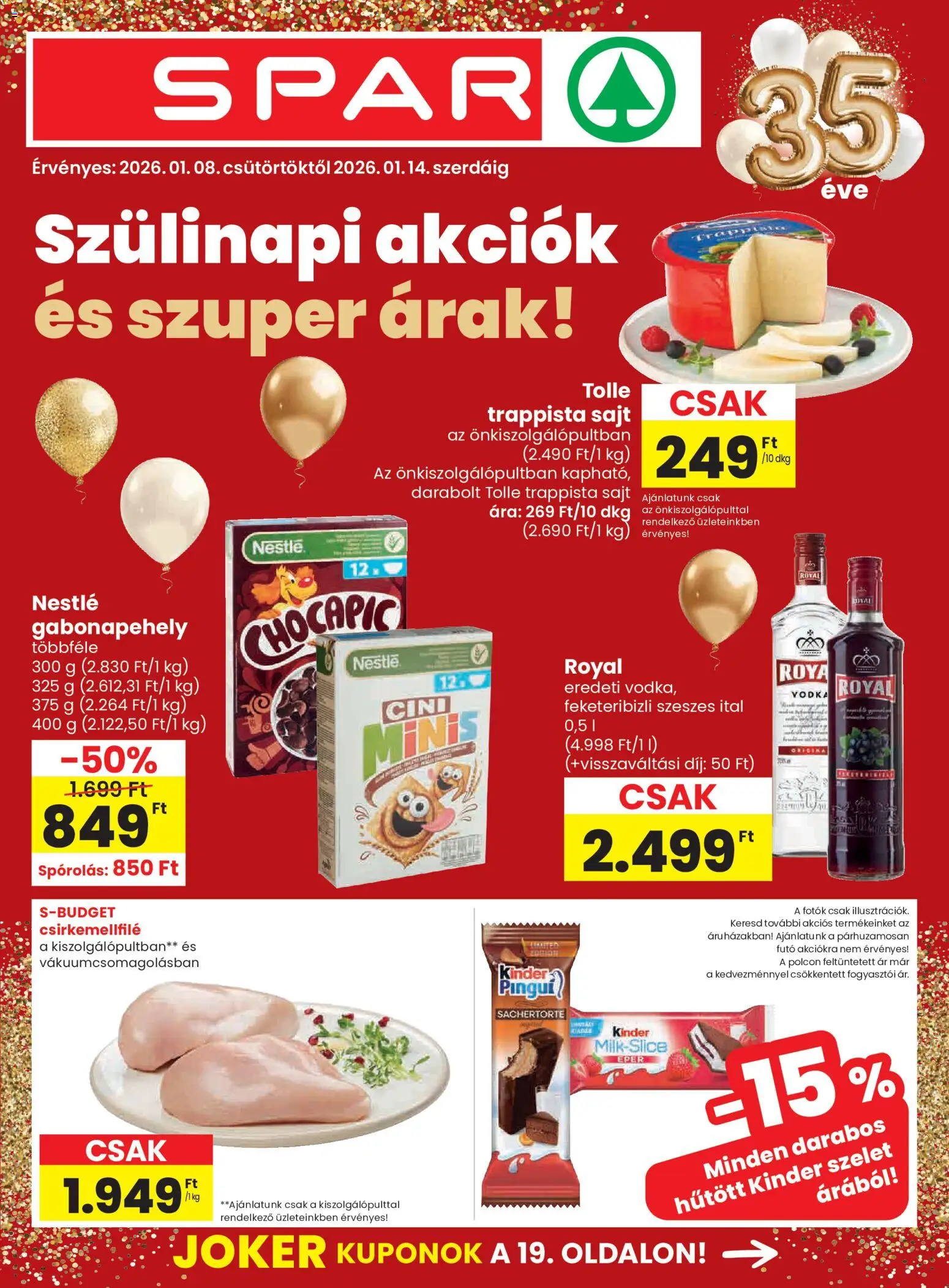 Spar akciós ujság - amely érvényes a következő dátumtól: 08.01.2026 | Oldal: 1 | Termékek: Gabonapehely, Eper, Vodka, Trappista sajt