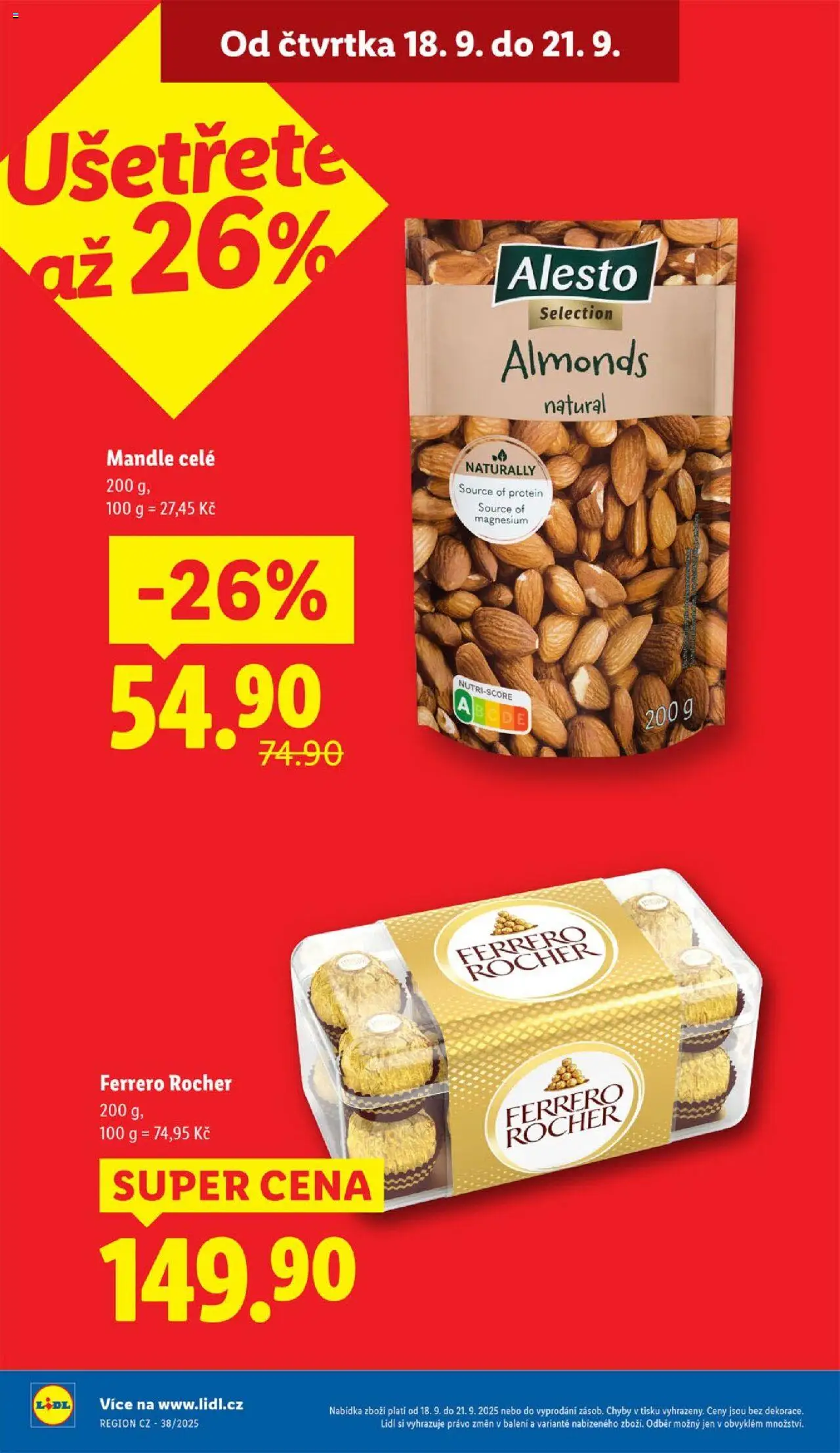Lidl leták od 18.09.2025 | Strana: 4 | Produkty: Ferrero Rocher, Mandle, Protein