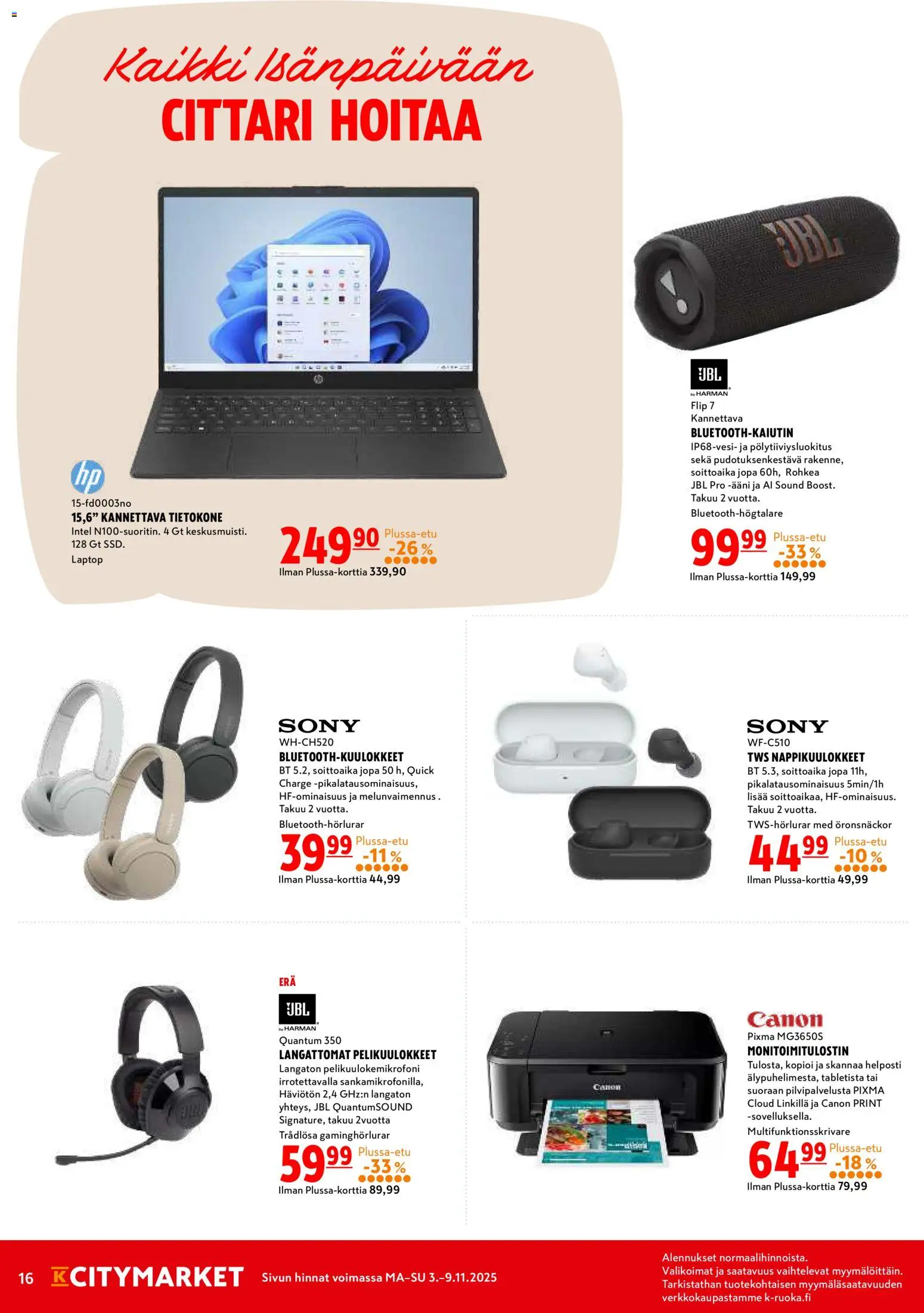 K-Citymarket tarjoukset – voimassa 03.11.2025 alkaen | Sivu: 16 | Tuotteet: Monitoimitulostin, Tietokone
