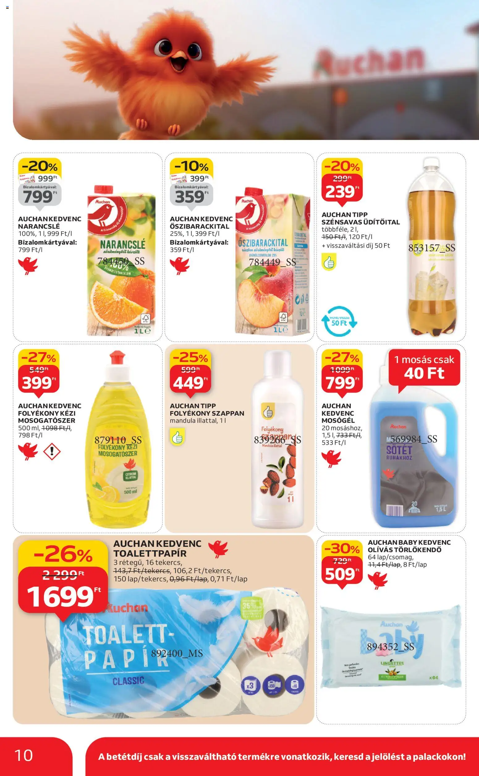 Auchan akciós ujság - amely érvényes a következő dátumtól: 22.01.2026 | Oldal: 10 | Termékek: Törlőkendő, Folyékony szappan, Mosógél, Narancslé