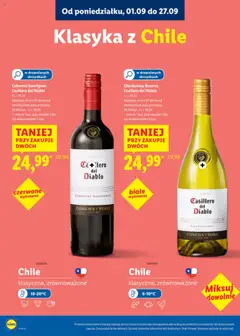 Chardonnay Reserva Casillero del Diablo, Chardonnay Reserva, białe wytrawne, 1L=33,32. Najniższa cena z 30 dni przed obniżką/cena poza promocją: 29,99/but., 1L=39,99. Cena za 1 but. przy zakupie 2 but. lub wielokrotności 2 but. od 01.09.2025 | Strona: 5 | Produkty: Chardonnay