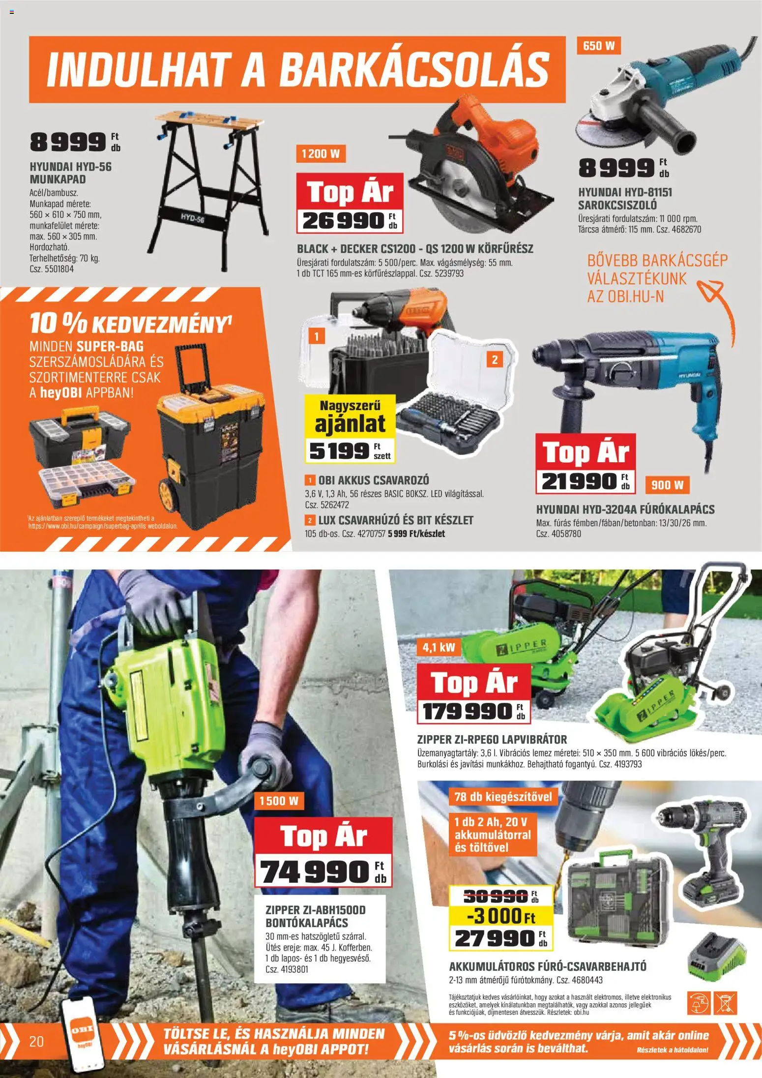 OBI akciós ujság - amely érvényes a következő dátumtól: 31.03.2026 | Oldal: 20 | Termékek: Lemez, Bit készlet, Csavarhúzó, Csavarozó
