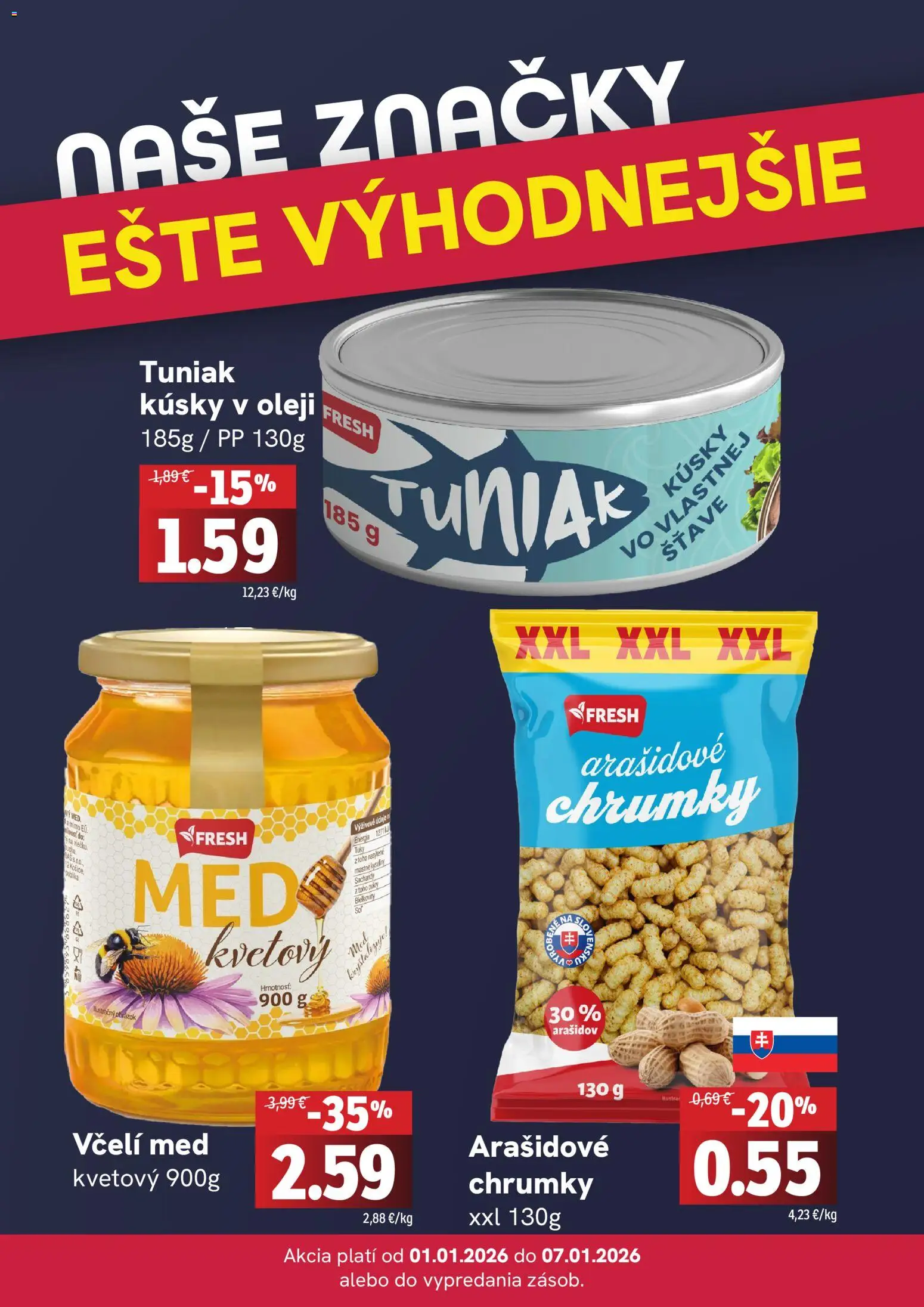 Nové Fresh akcie – leták je platný od 01.01.2026 | Strana: 4 | Produkty: Tuniak, Med